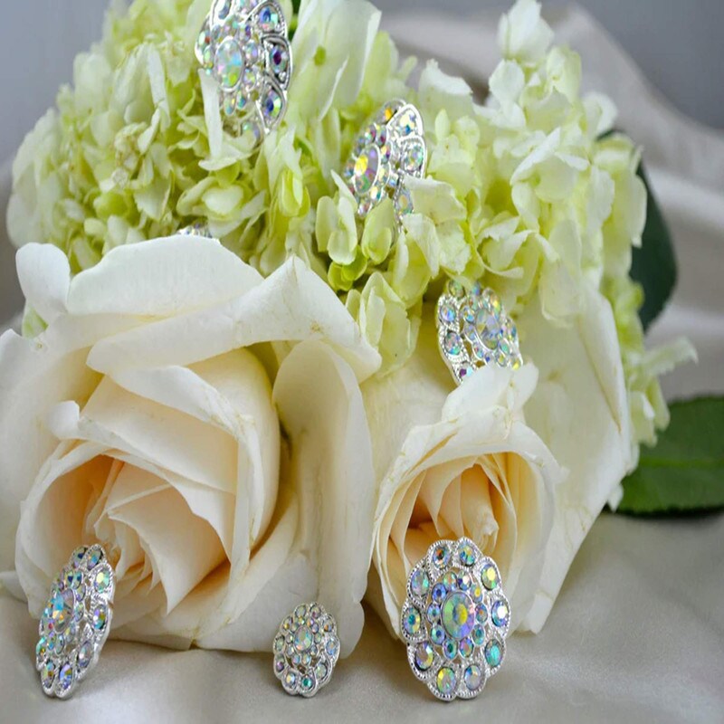 3/4&#x22; AB Rhinestone Silver Metal Flower Button 1 Piece