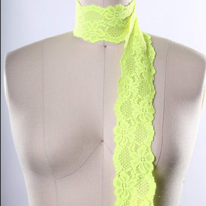 2.5" Neon Yellow Stretch Floral Lace Trim – Soft Elastic Ribbon for Lingerie & Crafts 2 Yards