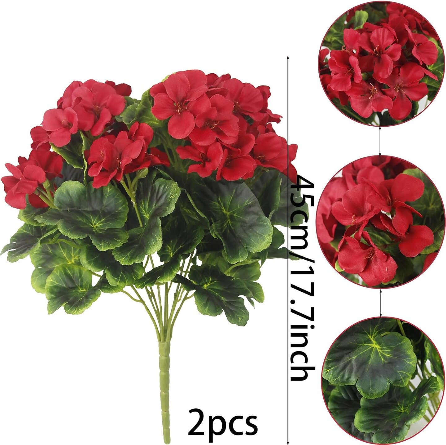 2 Pcs Artificial Geraniums for Outdoor Silk Geranium Flowers Red Artificial Geranium Bush Faux Flowers Geraniums Branch for Garden Patio Grave Cemetary Vase Table Centerpiece Indoor Decor