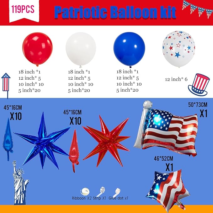 Patriotic Red White and Blue Balloon Garland Kit 119 pcs with Star print Patriotic Flag mylar Balloons for 4th of july independent Day Veterans Day Memorial day Labor day decorations