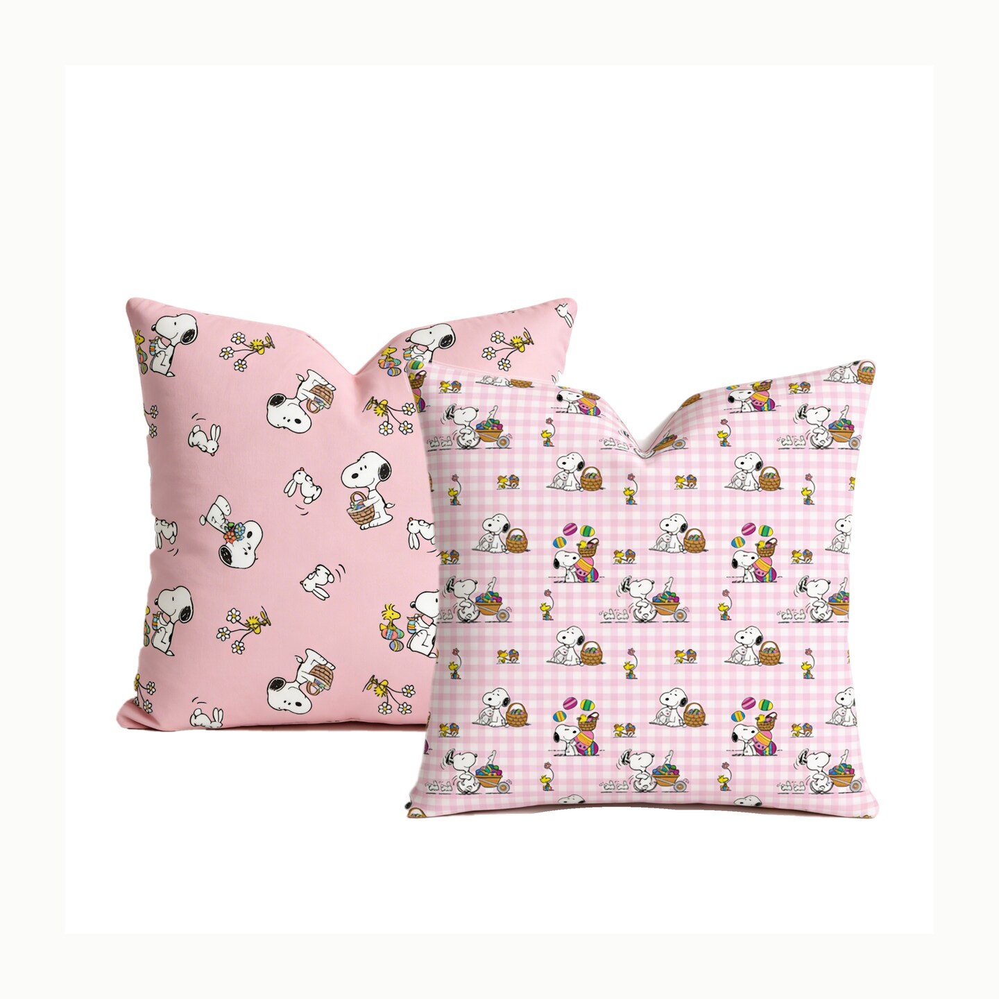 Snoopy Easter Pillow Cover - Pink Gingham Plaid Accent Pillow