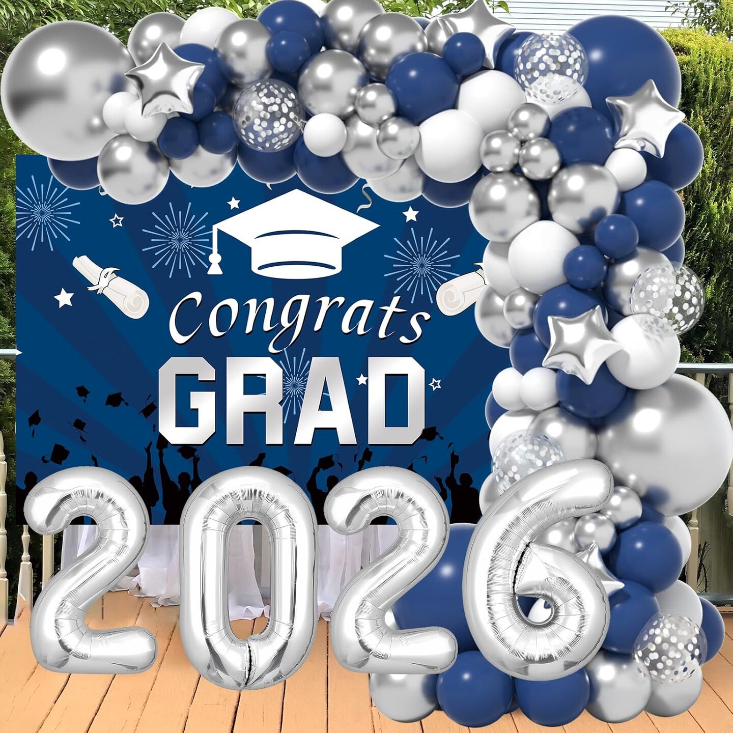 Graduation Decorations Class Of 2026: Navy Blue and Silver Graduation Decorations 2026 Graduation Balloons Arch Kit Congrats Grad Backdrop Party Supplies for High School & College Celebrations