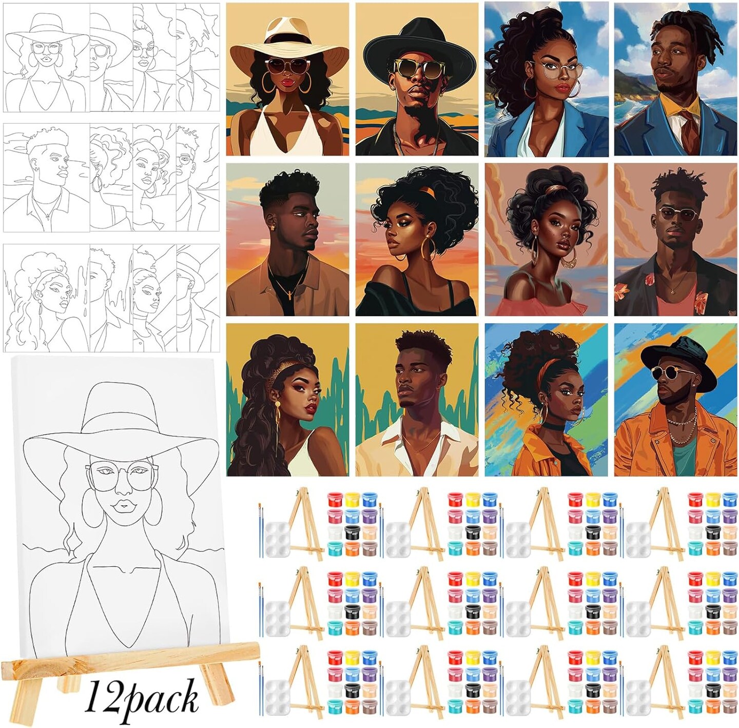 72PCS Sip and Paint Kit for Adults – 12 Sets Pre-Drawn 8x10 Canvas Painting Party Kit with Paints, Brushes, Easels & Palettes – DIY Couples Paint Night, Date Night, Virtual Paint Party & Event Supplies