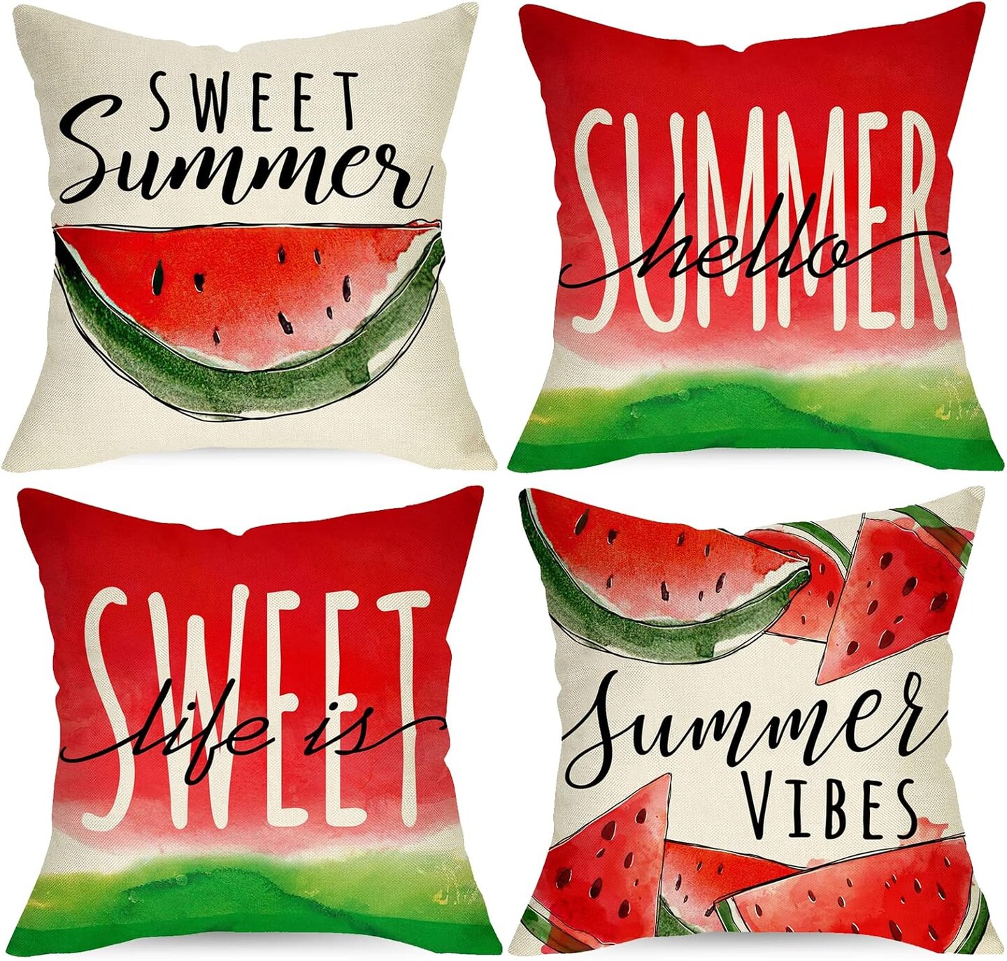Hello Summer Watercolor Watermelon Decorative Throw Pillow Covers 18 x 18 Set of 4, Life is Sweet Cushion Case Decor, Seasonal Home Decoration for Sofa Couch