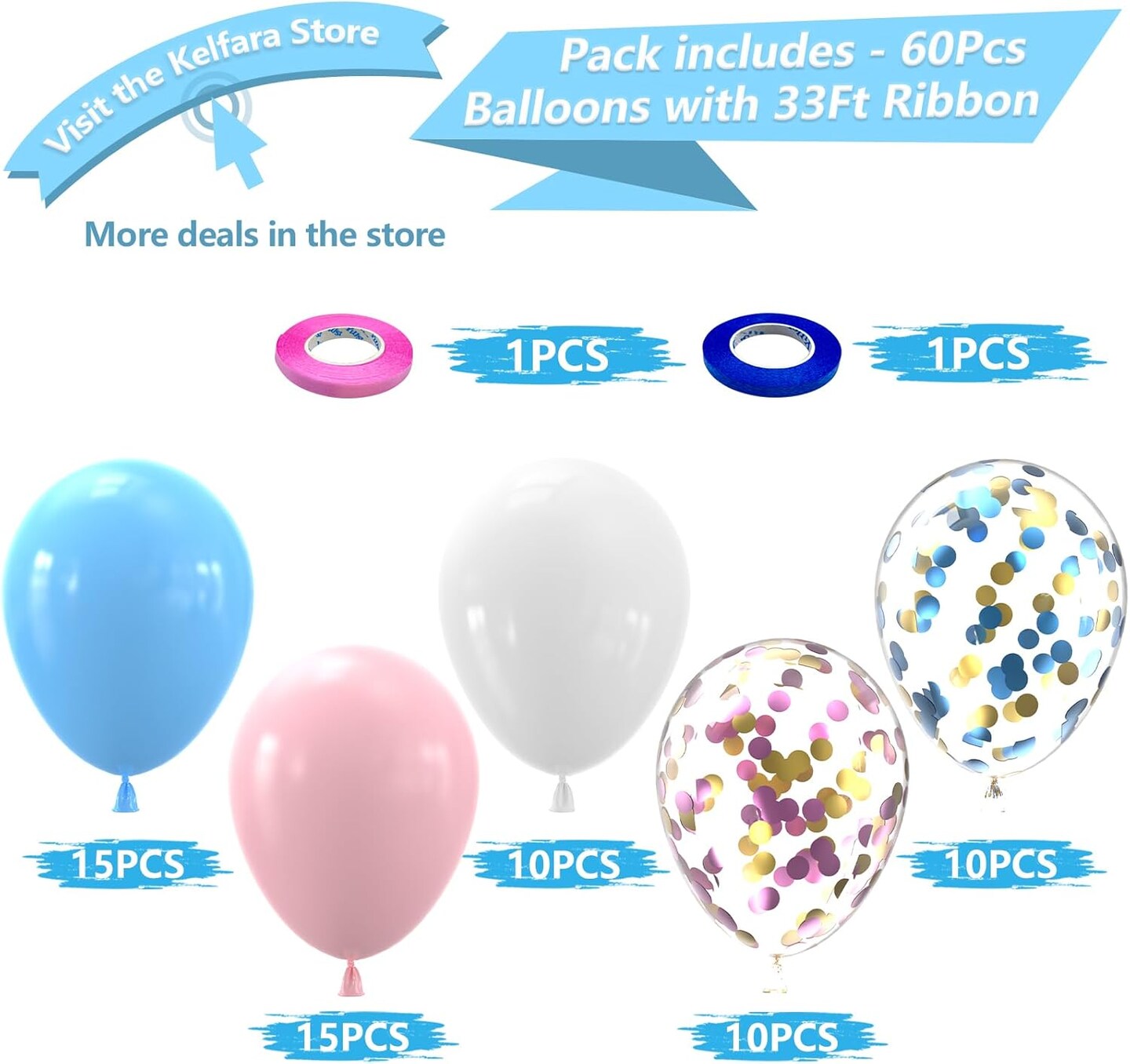 Pink Blue White Balloons,60 Pcs 12 inch Pink Blue and White Pastel Gold Blue Confetti Latex Balloons with 2rolls 33ft Ribbon For Birthday Baby Shower Gender Reveal Party Supplies and Decorations