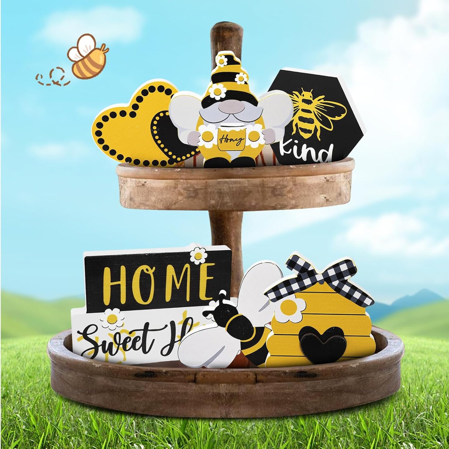 Summer Bee Tiered Tray Decor Set Honey Bee Decor Wooden Signs Farmhouse Sunflower Bee Mini Wood Tabletop Decorations for Home Kitchen