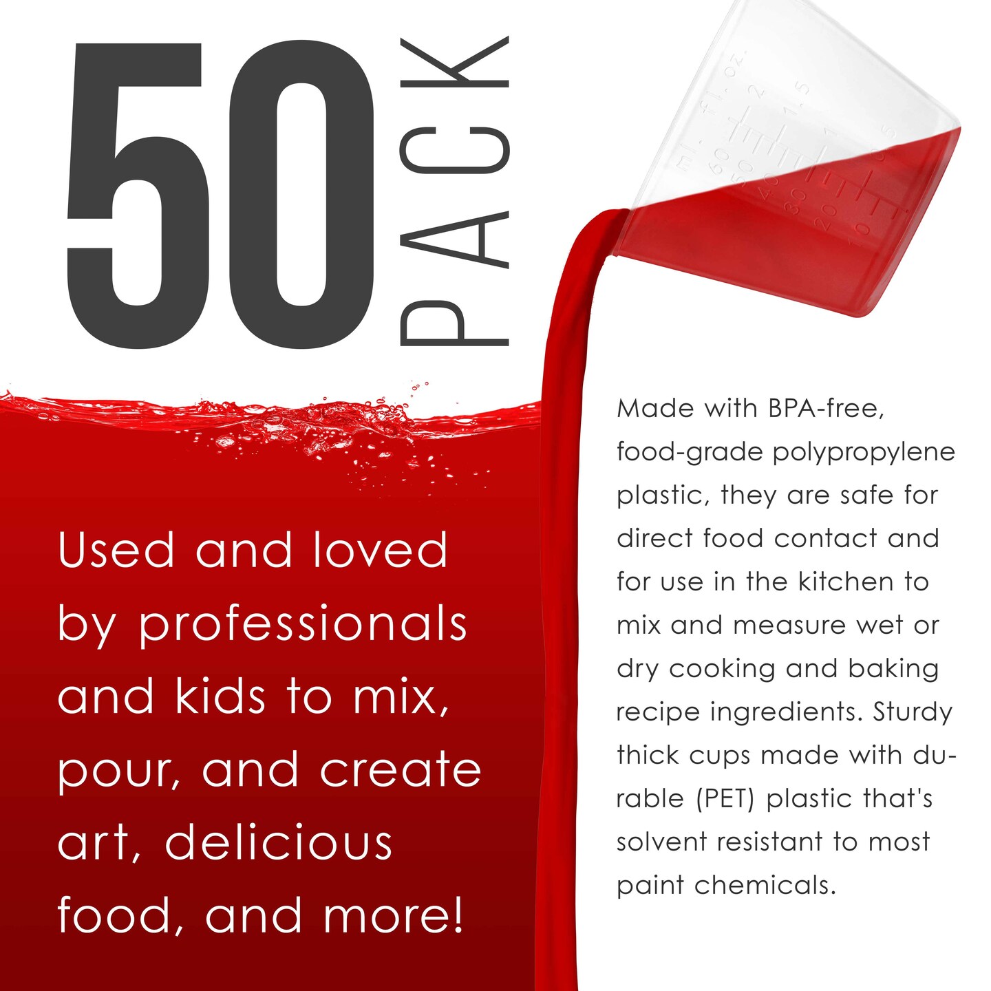 Pouring Masters 2 Ounce (60ml) Graduated Plastic Measuring Cups (50 Clear Cups &#x26; 25 Mixing Sticks) - OZ, ML Measurements, Acrylic Paint, Resin, Epoxy
