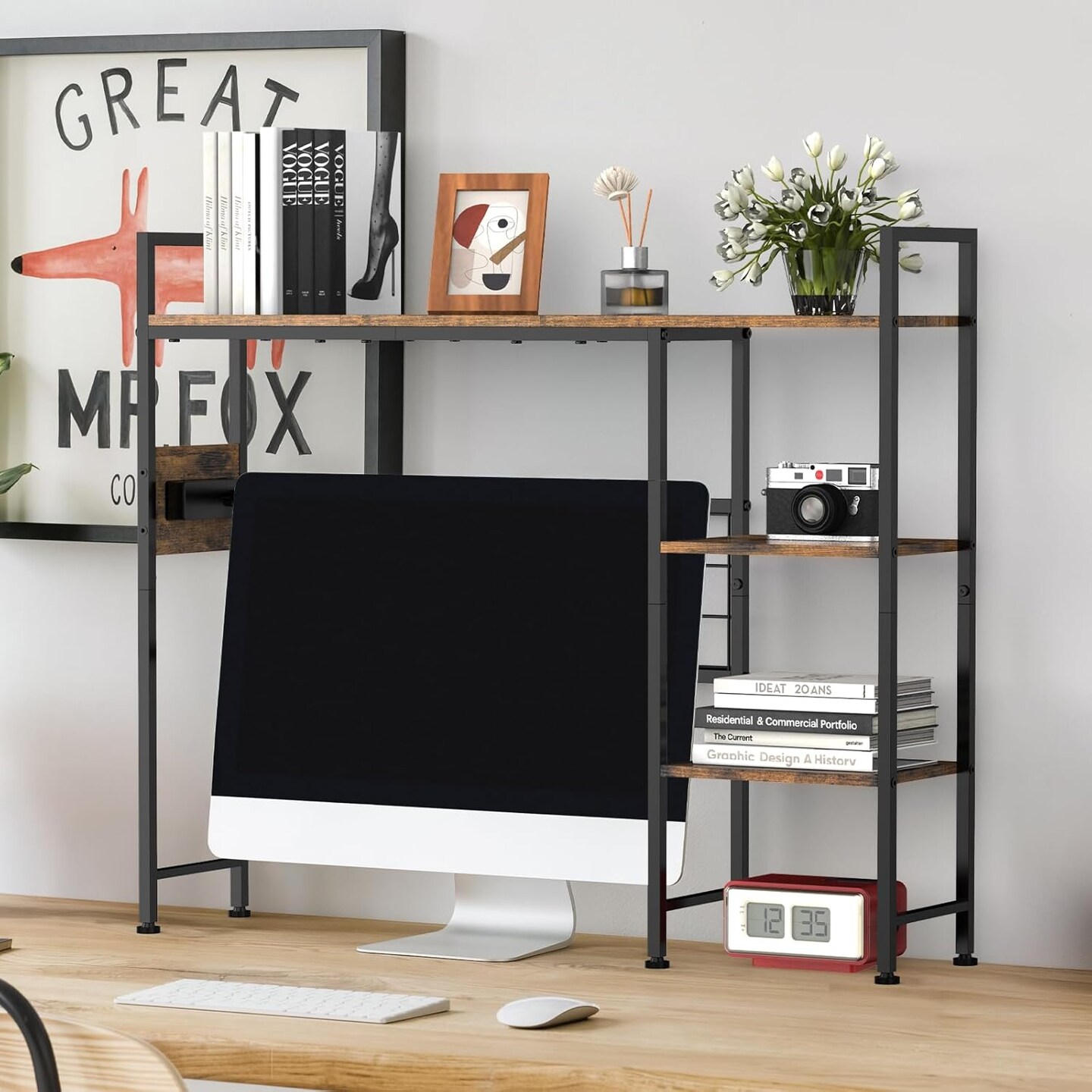 3-Tier Desktop Bookshelf with Power Outlets & USB Ports – Rustic Brown Desk Hutch Organizer, 37.4"L x 32"H, 50lb/Shelf, Metal Mesh & Charging Station for Home Office/Dorm