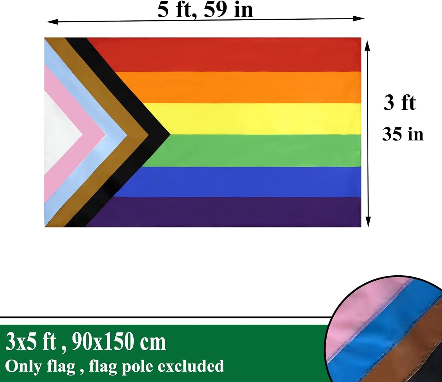 Progress Pride LGBTQ Flags 3x5 Outdoor Sewn Stripes- Rainbow Inclusive Progressive Pride Flag Heavy Duty Nylon UV Fading Resistant for Outside