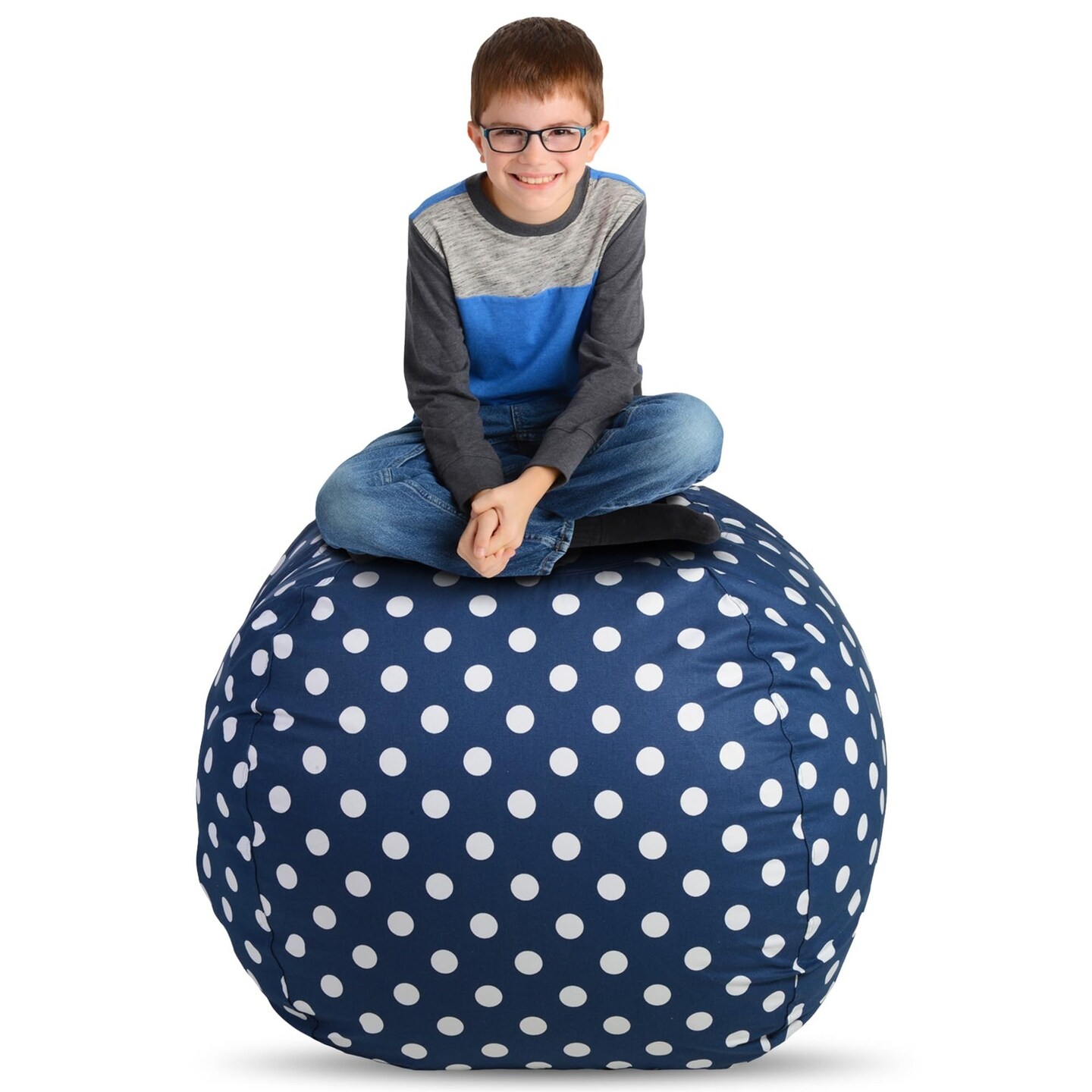 Creative QT Stuff &#x2019;n Sit Extra Large 38&#x2019;&#x2019; Bean Bag Storage Cover for Stuffed Animals &#x26; Toys, Giant Beanbag Chair for Plush, Toddler &#x26; Kids Rooms Bedroom Organizer for Christmas, Navy Polka Dot