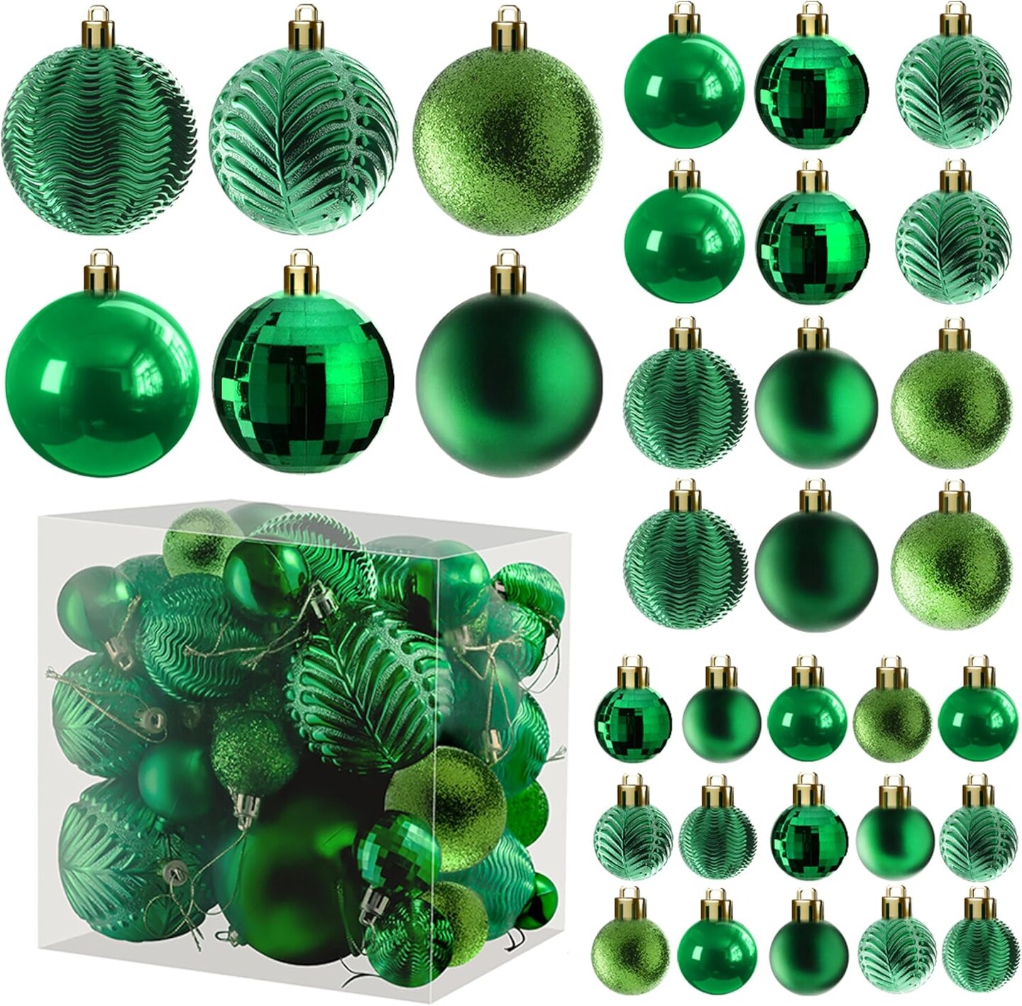 36pcs green shatterproof Christmas ornaments in 3 sizes and 6 styles for trees, wreaths, and holiday decor.