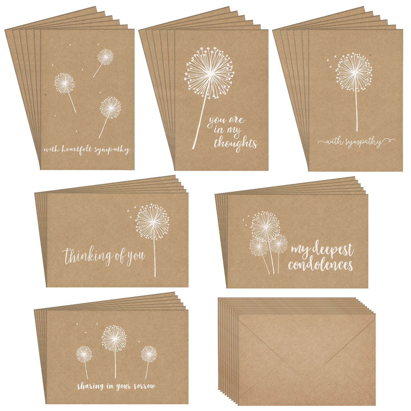 36 Pack Sympathy Cards Bulk with Envelopes - Kraft Paper Condolence Cards for Bereavement, Thinking of You - White Dandelion Design, Blank Inside (4x6 In)