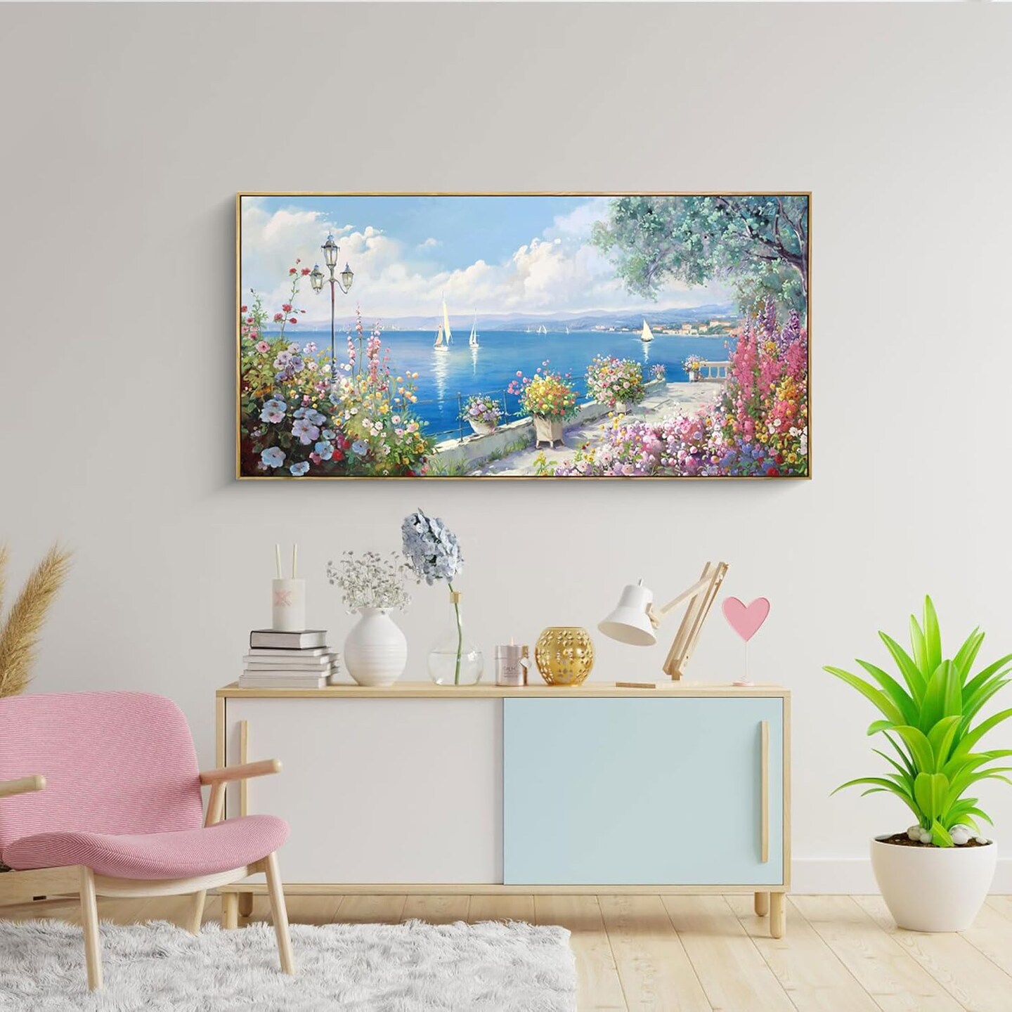 Blue Coastal Wall Art - Ocean Seascape Canvas Yellow Green Flowers Painting Landscape Sailboat Picture Artwork Modern Large Framed for Living Room Bedroom Home Office Decor 20"x40"