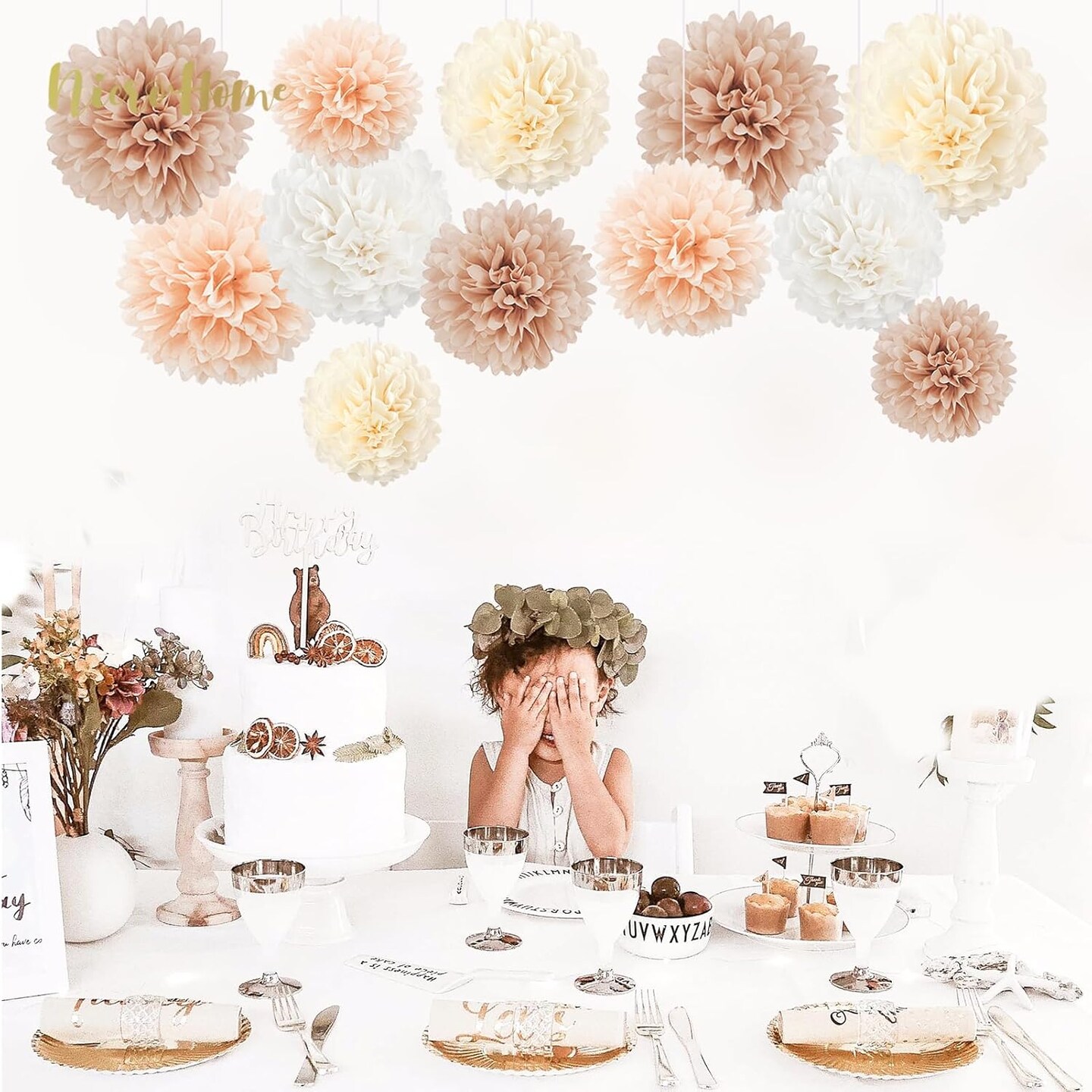 Wedding Decorations, 12 PCS Ivory Champagne Tissue Paper Pom Poms, Creamy White Paper Flowers for Bridal Showers, Engagement Receptions, Bachelorette, Birthday, Boho Party Supplies