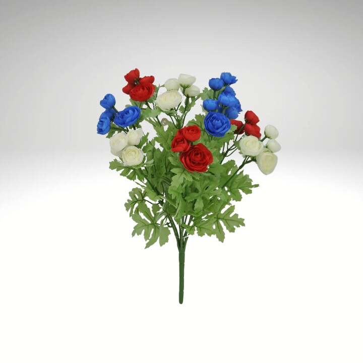 16" Artificial Red White Blue Mini Ranunculus Bush – Faux Floral Bouquet 84055-RDWTBL