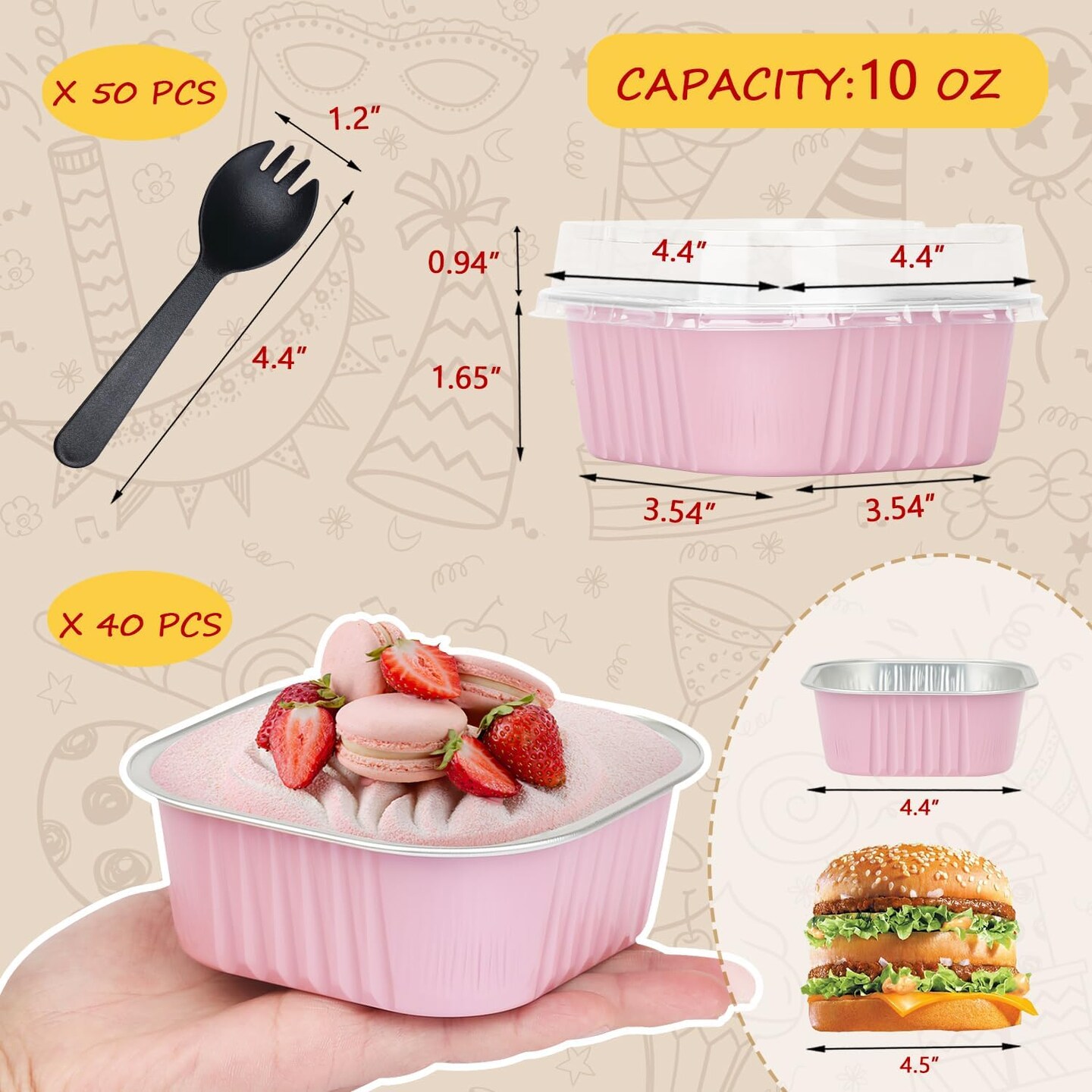 10oz Mini Cake Pans With Lids 40 Pack,LNYZQUS Aluminum Foil Square Brownie Baking Cups,Disposable 4”x4” Large Cupcake Pan,Jumbo Muffin Tin Ramekins Holders-Pink