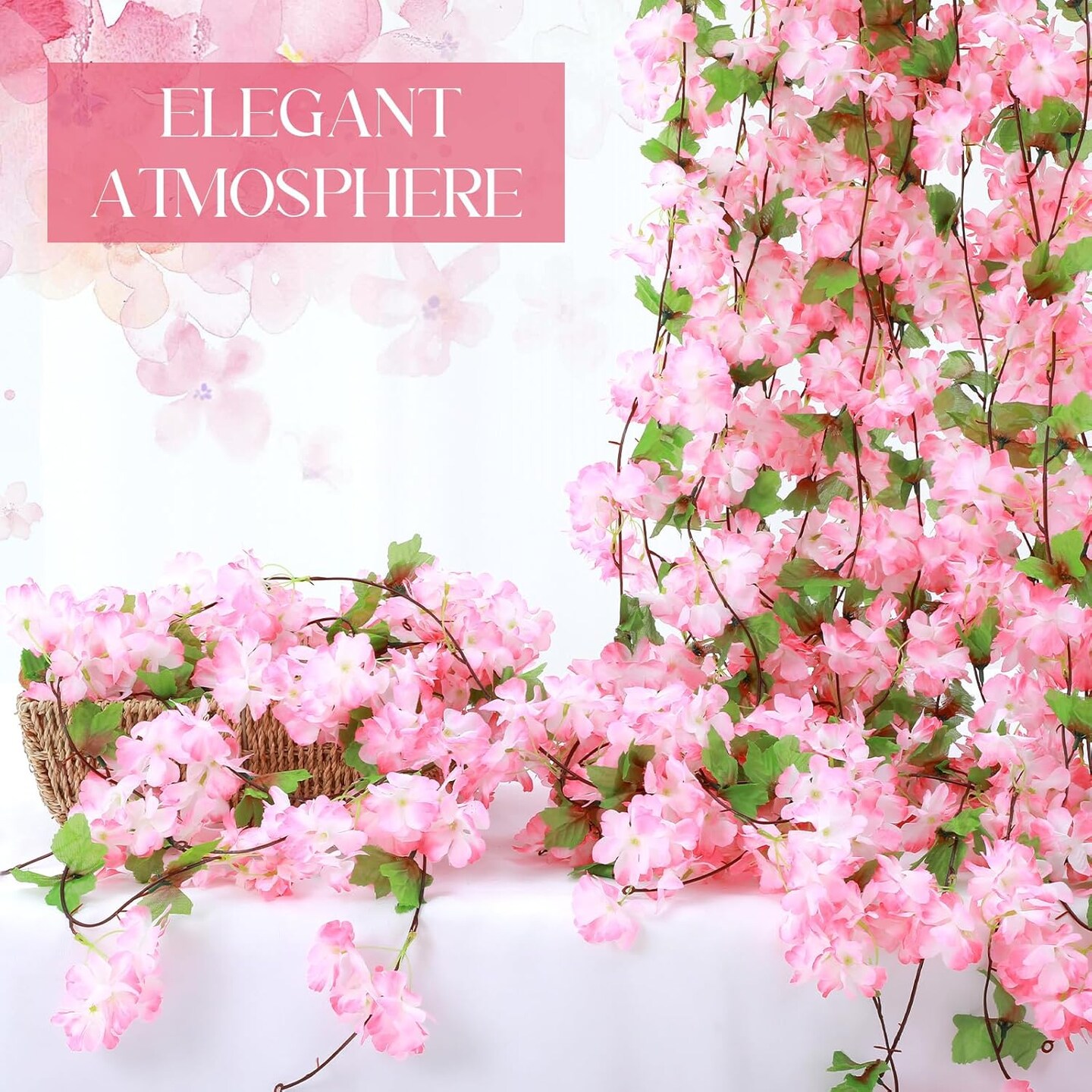 12-Pack Pink Cherry Blossom Flower Vines, 92.5ft for Party Decor