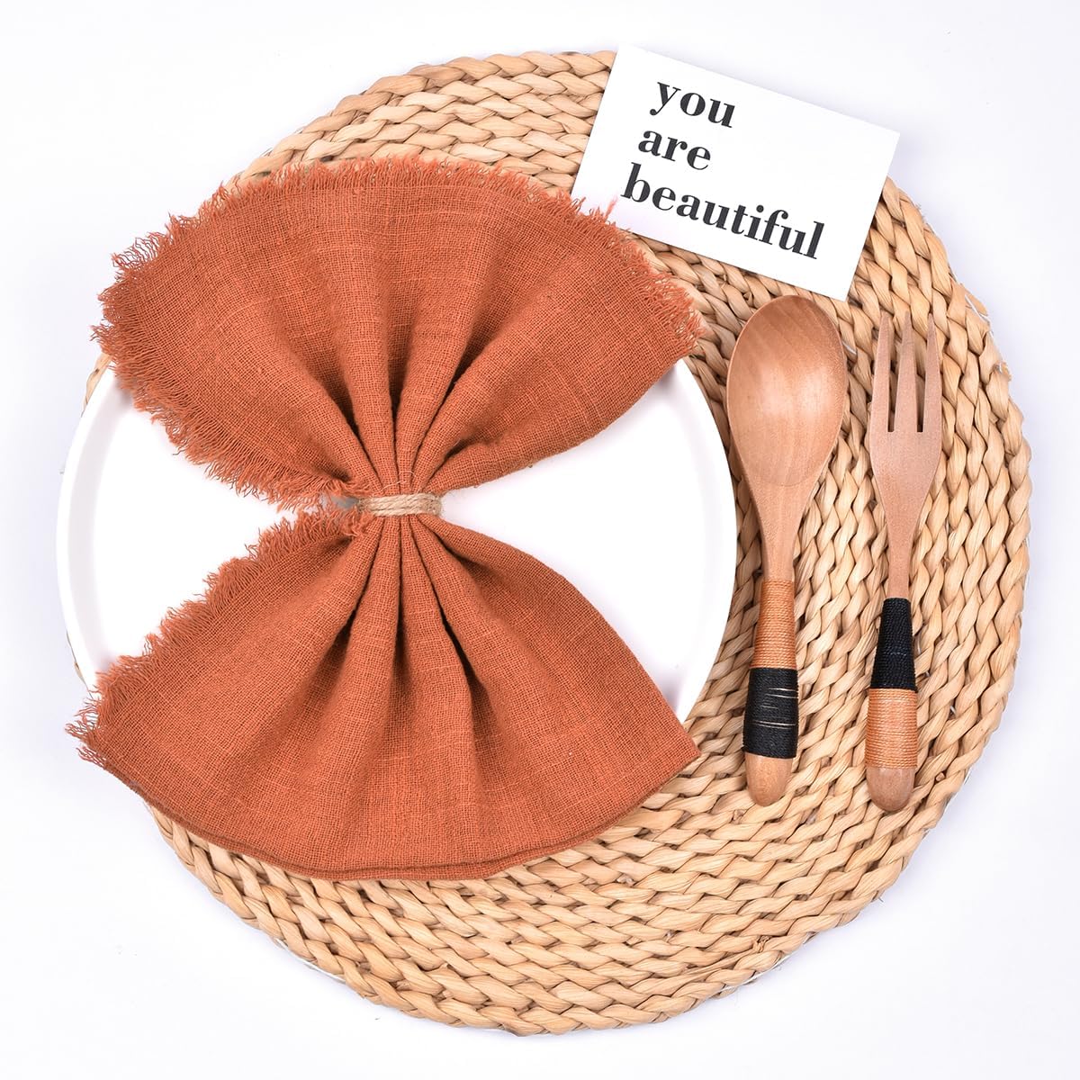 Terracotta 6 Pack Handmade Cloth Napkins Cotton Linen Easter Spring Napkins with Fringe Rustic Bulk Dinner Napkins