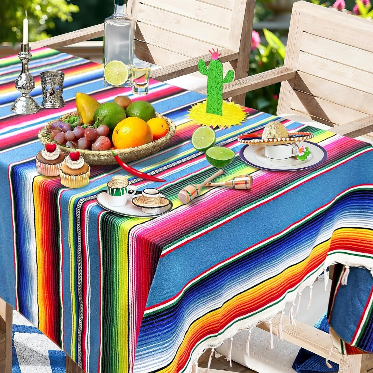 59 x 84 Inch Mexican Tablecloth Serape Blanket for Mexican Party Wedding Decorations, Large Square Cotton Fringe Table Cloth Colorful Mexican Blanket Outdoor Fiesta Table Cover Picnic (Blue)