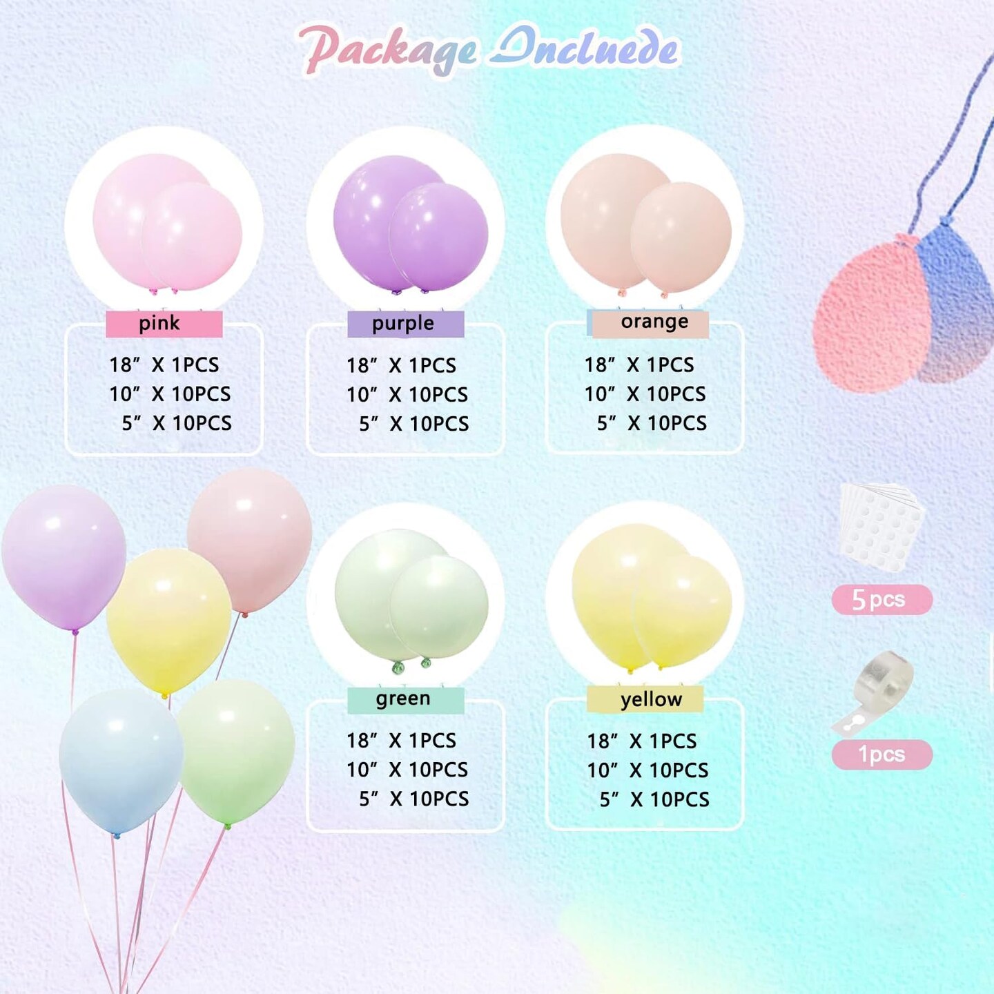 130pcs Pastel Balloons 18&#x22; 12&#x22; 10&#x22; 5&#x22; Macaron Latex Balloon Garland Arch Kit for Birthday Easter Baby Shower Graduation Wedding Gender Reveal Anniversary Party Decorations