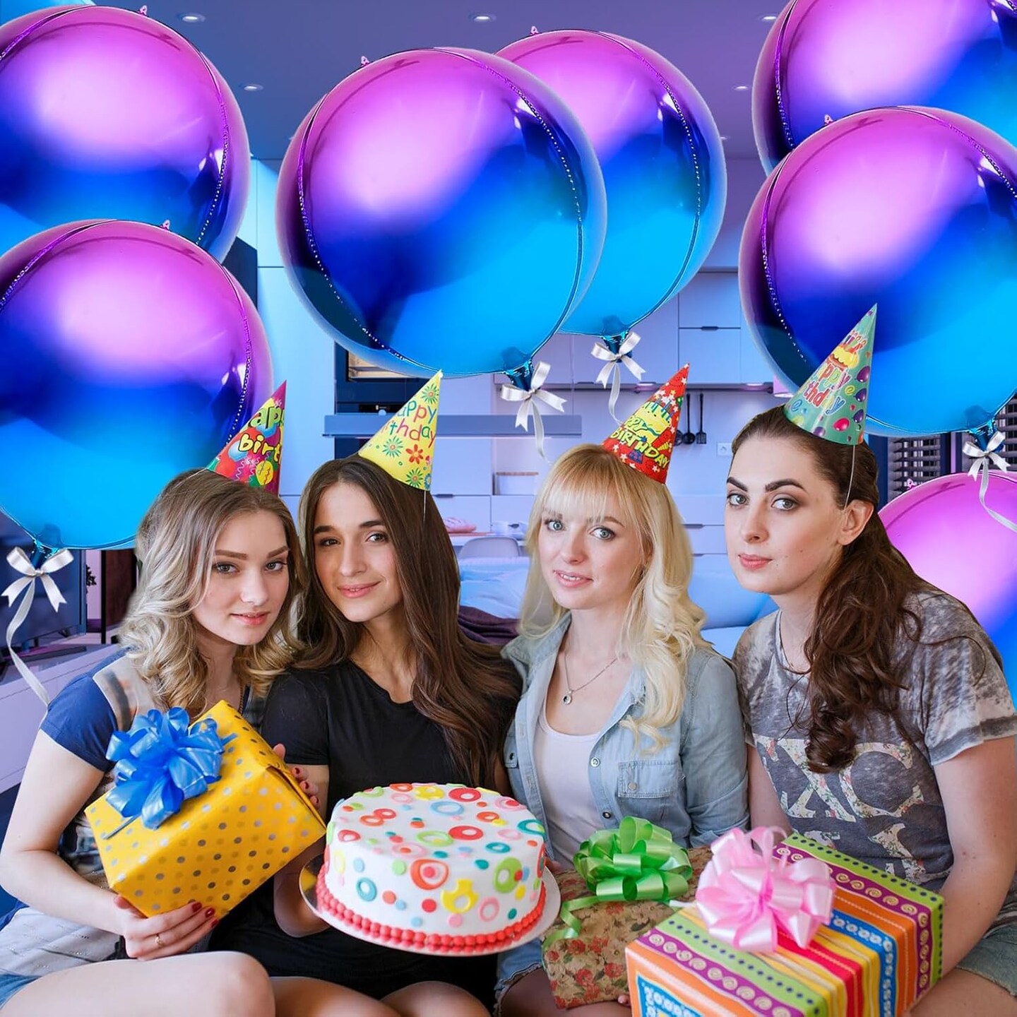 7 Pack Purple Galaxy Balloons, 22 Inch Large 4D Round Ombre Balloons Party Decorations