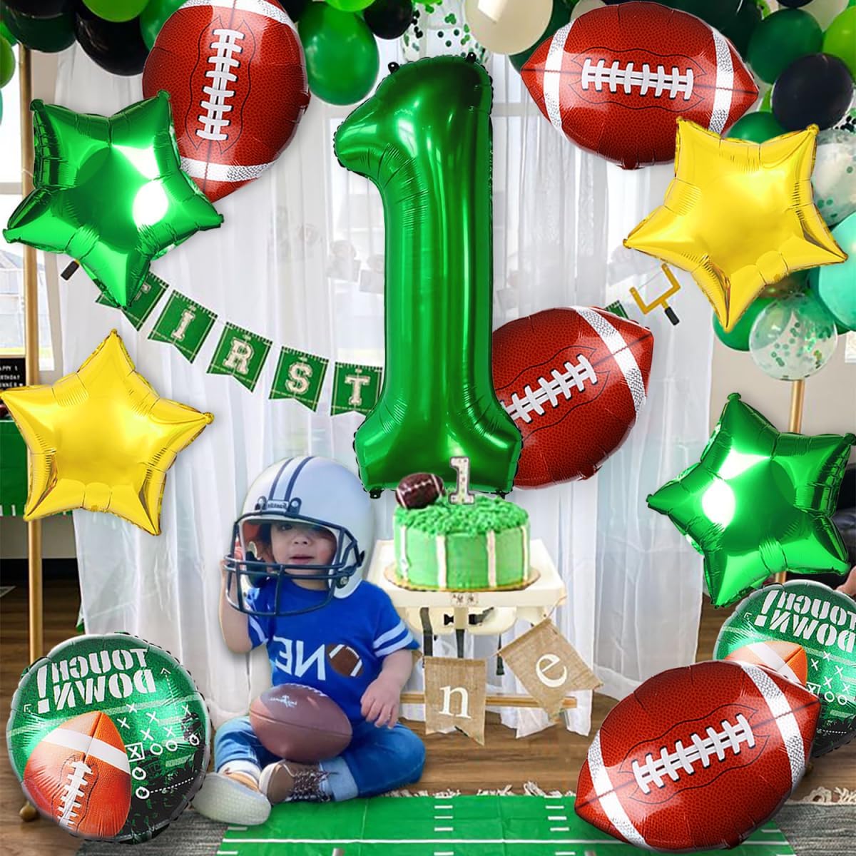 Football Balloons for Football Theme Party Decorations, Large Foil Mylar Football Green Balloon Decor for Boys Kids Men Rubby Balloon Decor Party Supplies