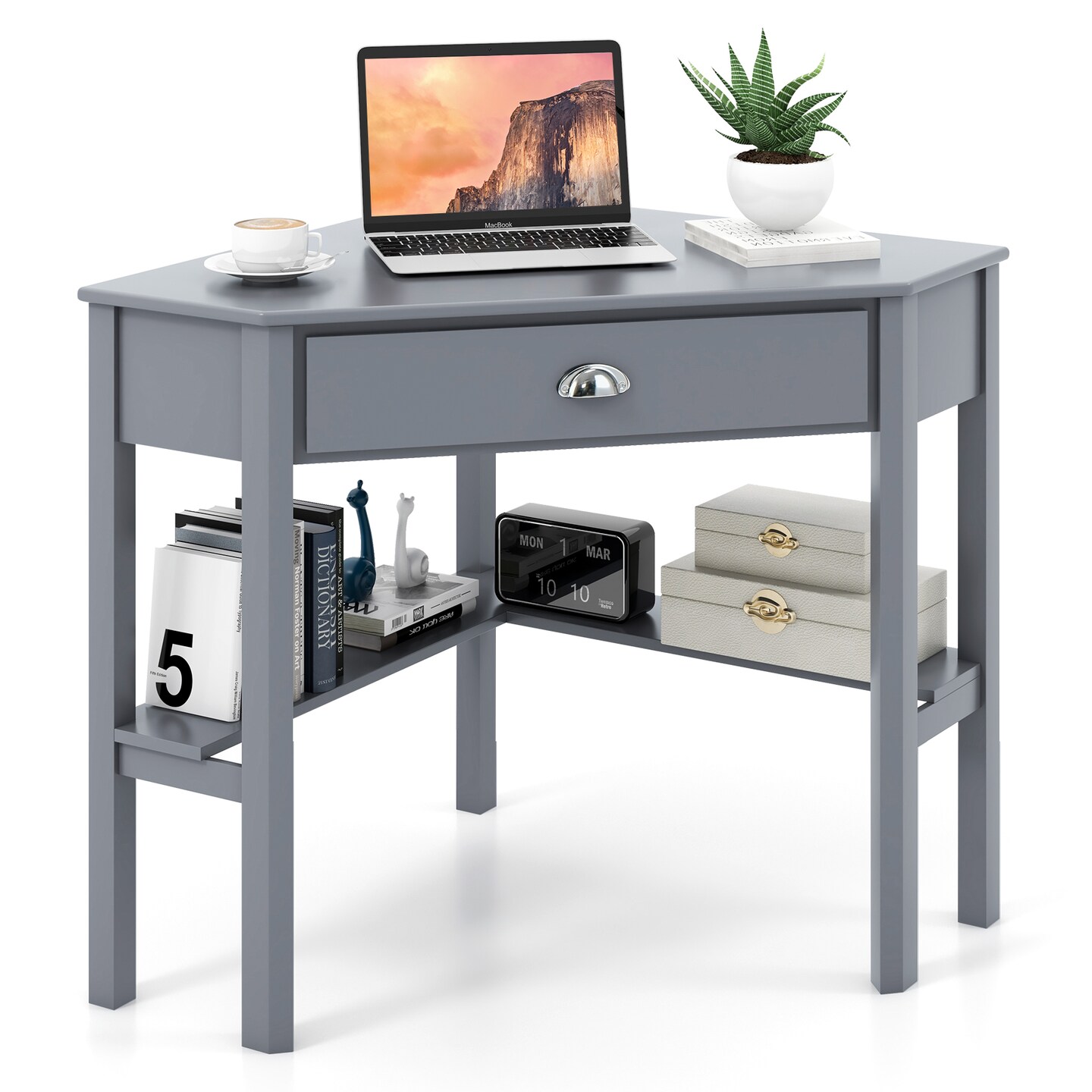 Wooden Corner Computer Desk with Big Storage Drawer and Two Open Shelves