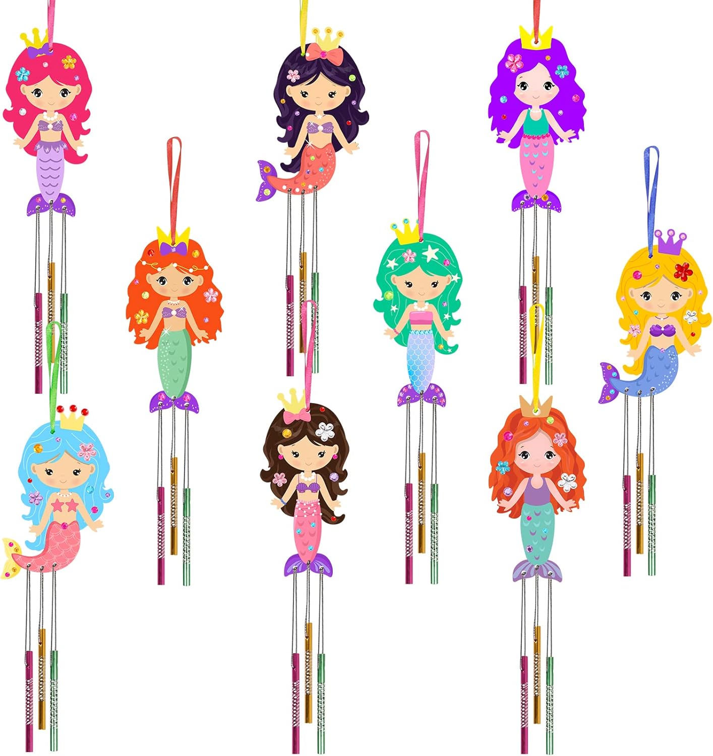 9 Pack Summer Mermaid Wind Chime Kit for Kids Make Your Own Wind Chime Wooden Arts and Crafts for Girls Boys Ornaments DIY Coloring Mermaid for Summer Art Activity Birthday Party Decoration