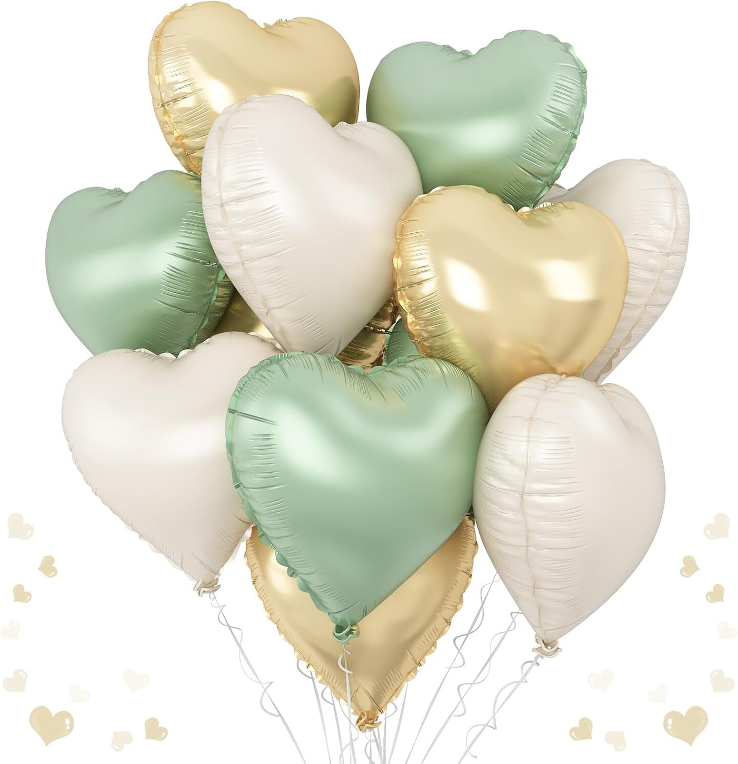 Sage Green Gold Heart Balloons, 12PCS Green Gold Heart Shaped Foil Balloons, 18Inch Green Cream White Heart Helium Mylar Balloon