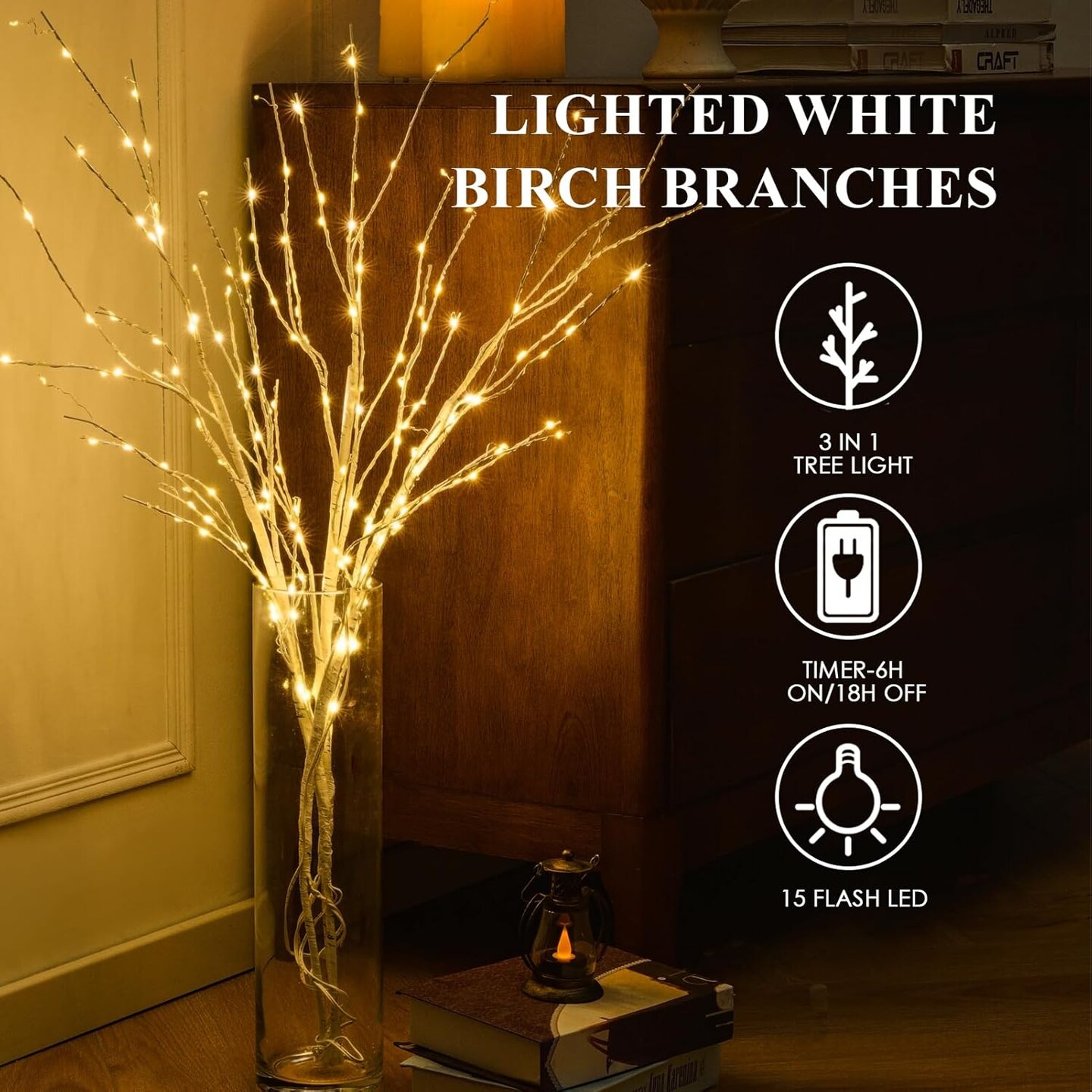 Lighted White Birch Branches with Timer 33IN 180 LED Twig Birch Branches for Vase
