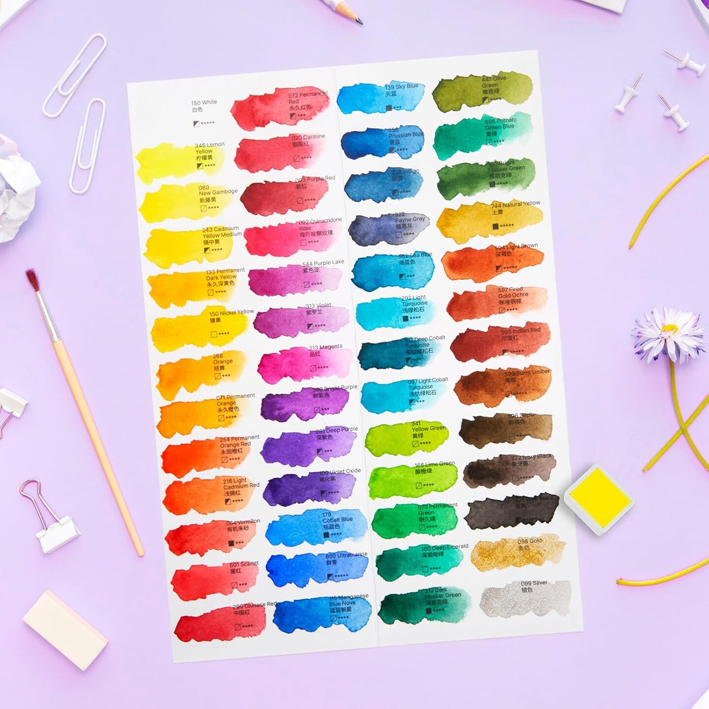 Watercolor Paint Set 52 Colors in Half Pans with Drawing Pencil, Paint Brushes, 5 Watercolor Paper, Sponge, Black Drawing Pens, Art Supplies for Adults Travel Watercolor &#x26; Purple Box