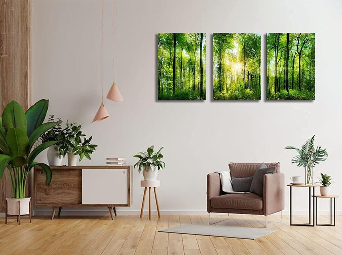 Summer Green Forest Canvas Wall Decor 12x16 inches, Home Decor with Natural Light Elements, Minimalist Canvas Print for Living Room, Bedroom, or Hallway -3 Panels Sunrise Landscape Modern Nature Art