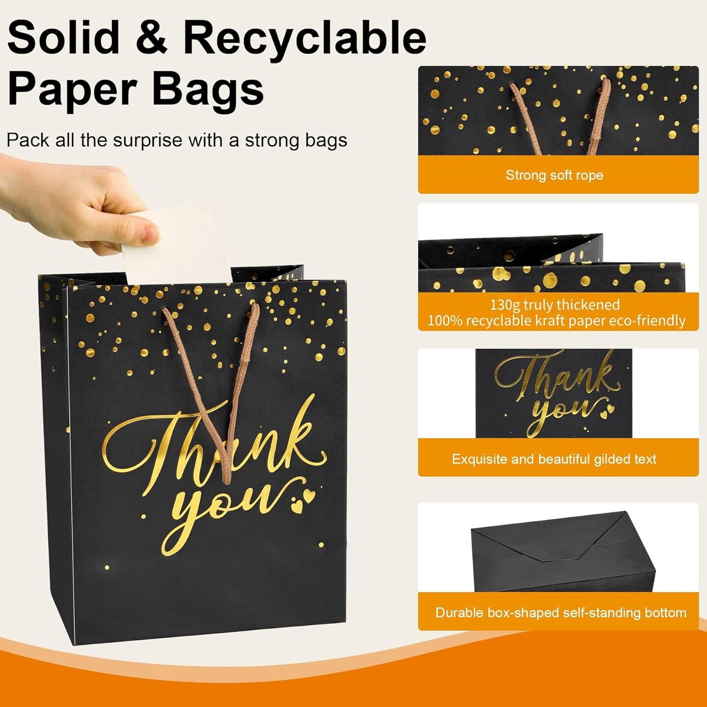 20 Pcs Black and Gold Gift Bags with Handles - Medium Size Thank You Bags Bulk for Weddings