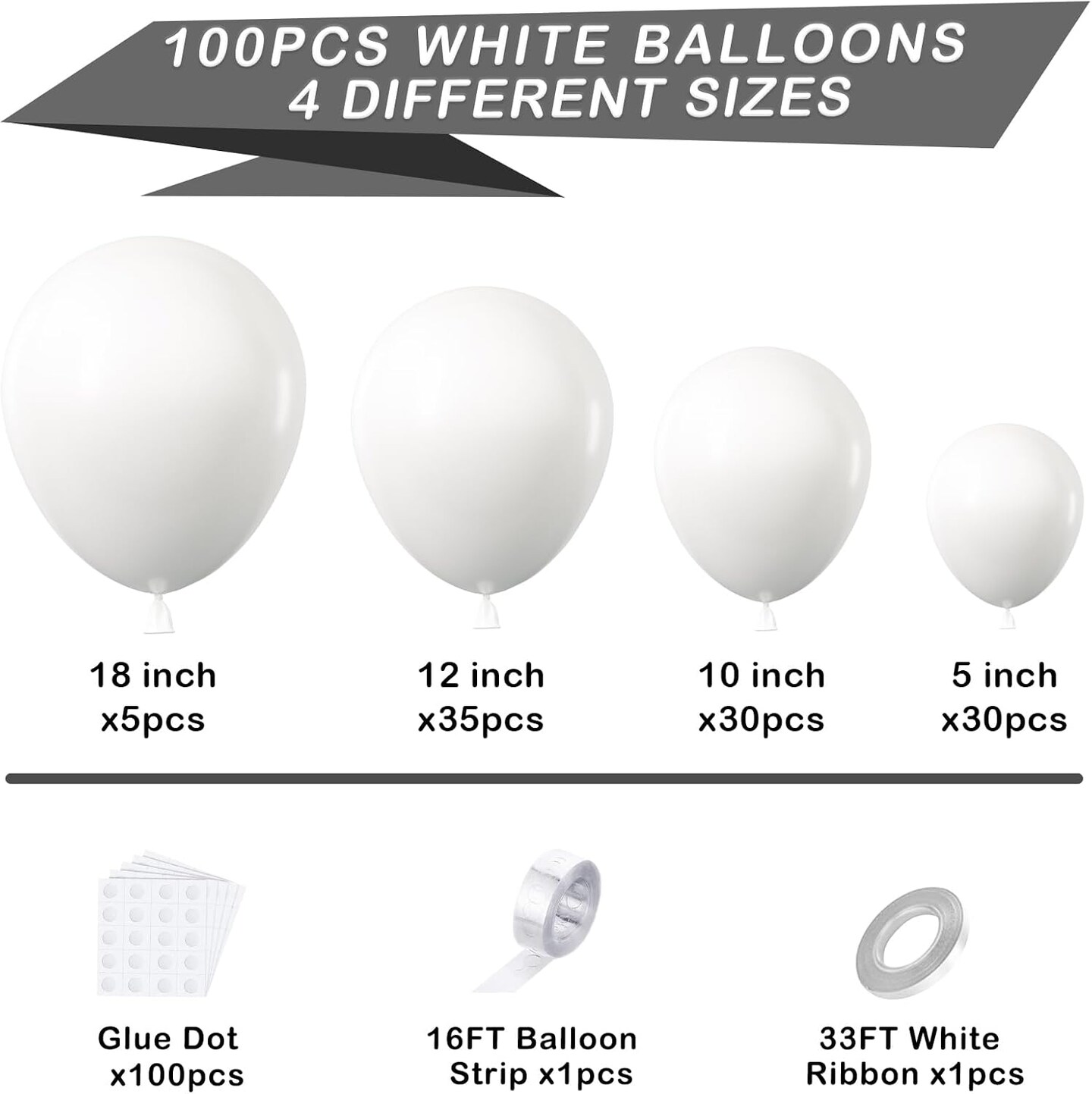 White Balloons Garland Arch Kit, 100PCS 18In 12In 10In 5In White Balloons Different Sizes for Birthday Weddings Valentine&#x27;s Day Graduation White Themed Party Decorationsarty Decorations