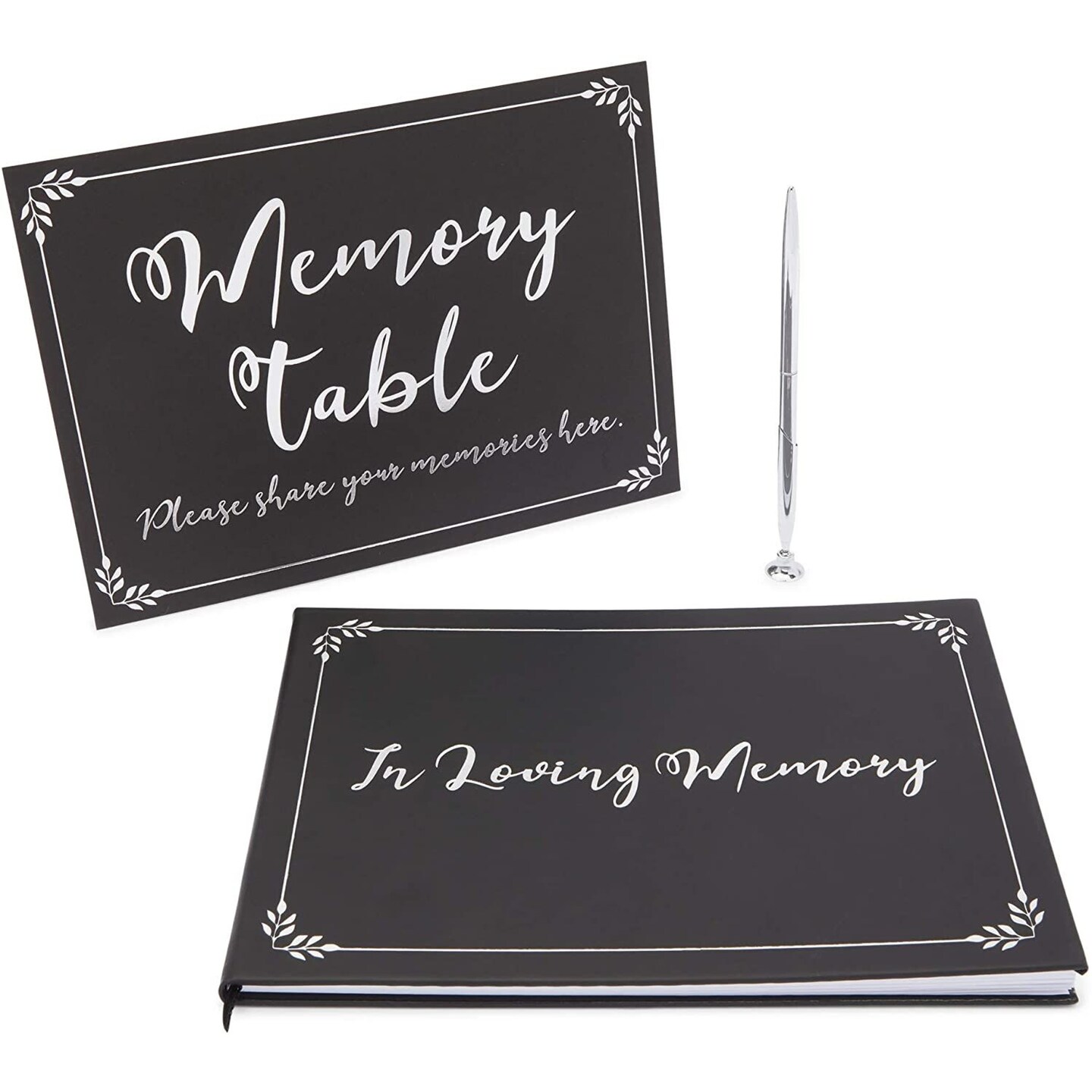 Faithful Finds Funeral Guest Book (11.5 x 8.25 In), Pen (6.45 In), and Memorial Table Sign (11 x 7.95 In), in Loving Memory (3 Piece Set)