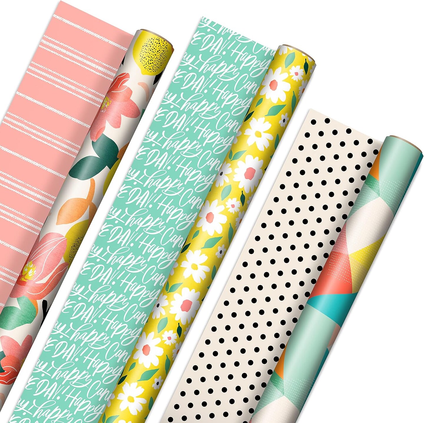 Reversible Spring Wrapping Paper (3 Rolls: 75 Sq. Ft. Ttl) Floral, Lemons, Bright Abstract for Easter, Birthdays, Mother's Day, Bridal Showers, Baby Showers