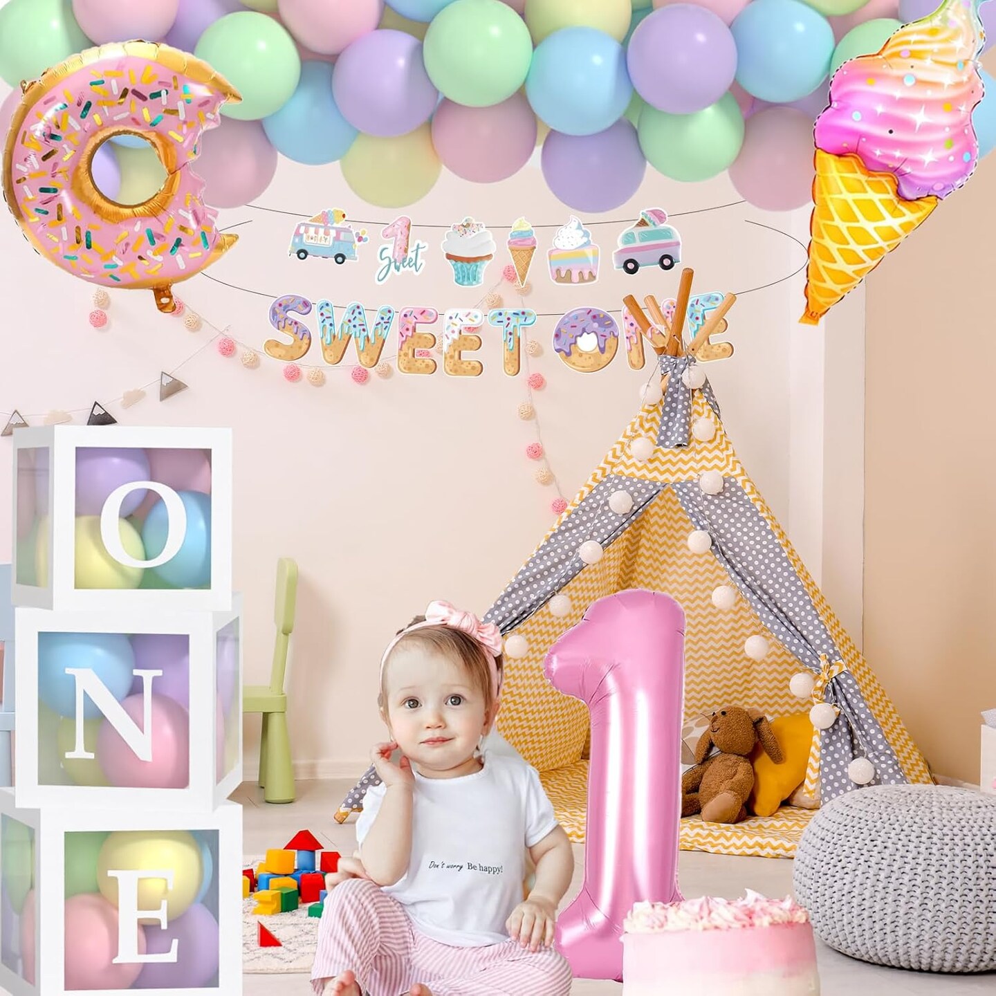 Sweet One Birthday Party Decorations, First Birthday Decorations For Girl With Pastel Balloons, 40inch Pink 1 Balloon, Sweet One Banner,O-N-E Box And Ice Cream Donuts Balloons for Party
