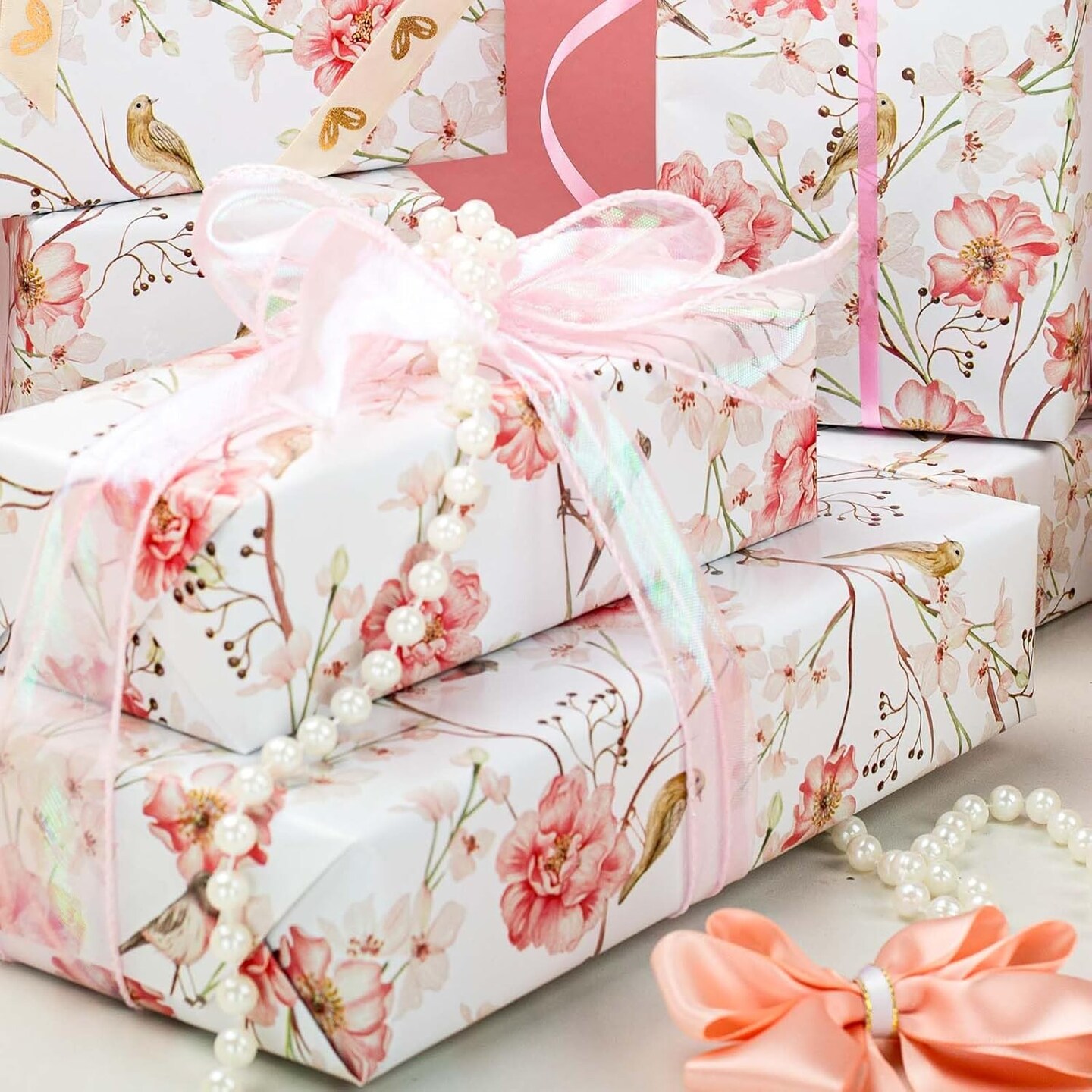 Gift Wrapping Paper Roll - Romantic Watercolor Pink Flower and Birds Design Gift Wrap Paper