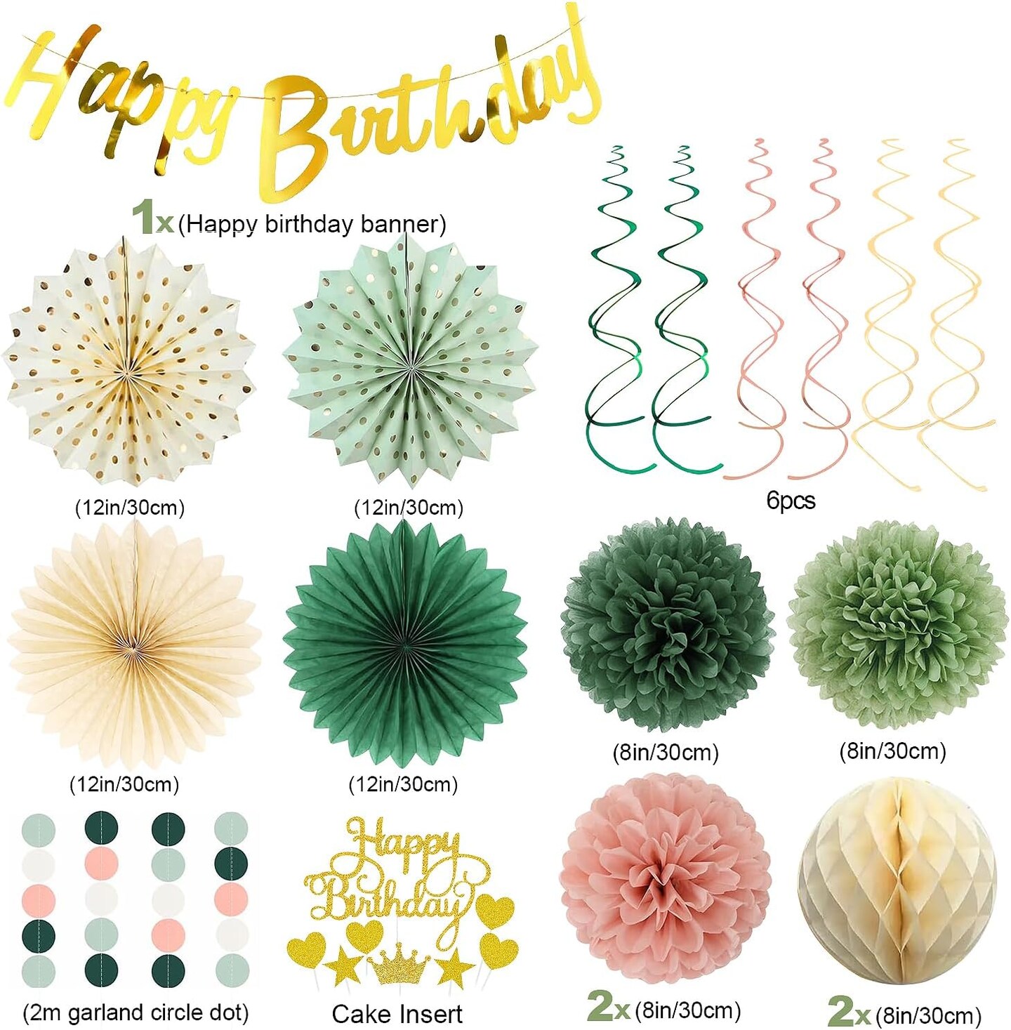 Sage Green & Pink Gold Birthday Party Decoration Kit – Banner, Garland, Pom-Poms & More