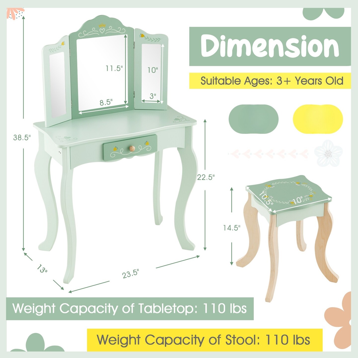 MDF Kids Vanity Set with Mirror, Drawer, Stool, Accessories and Convertible Design