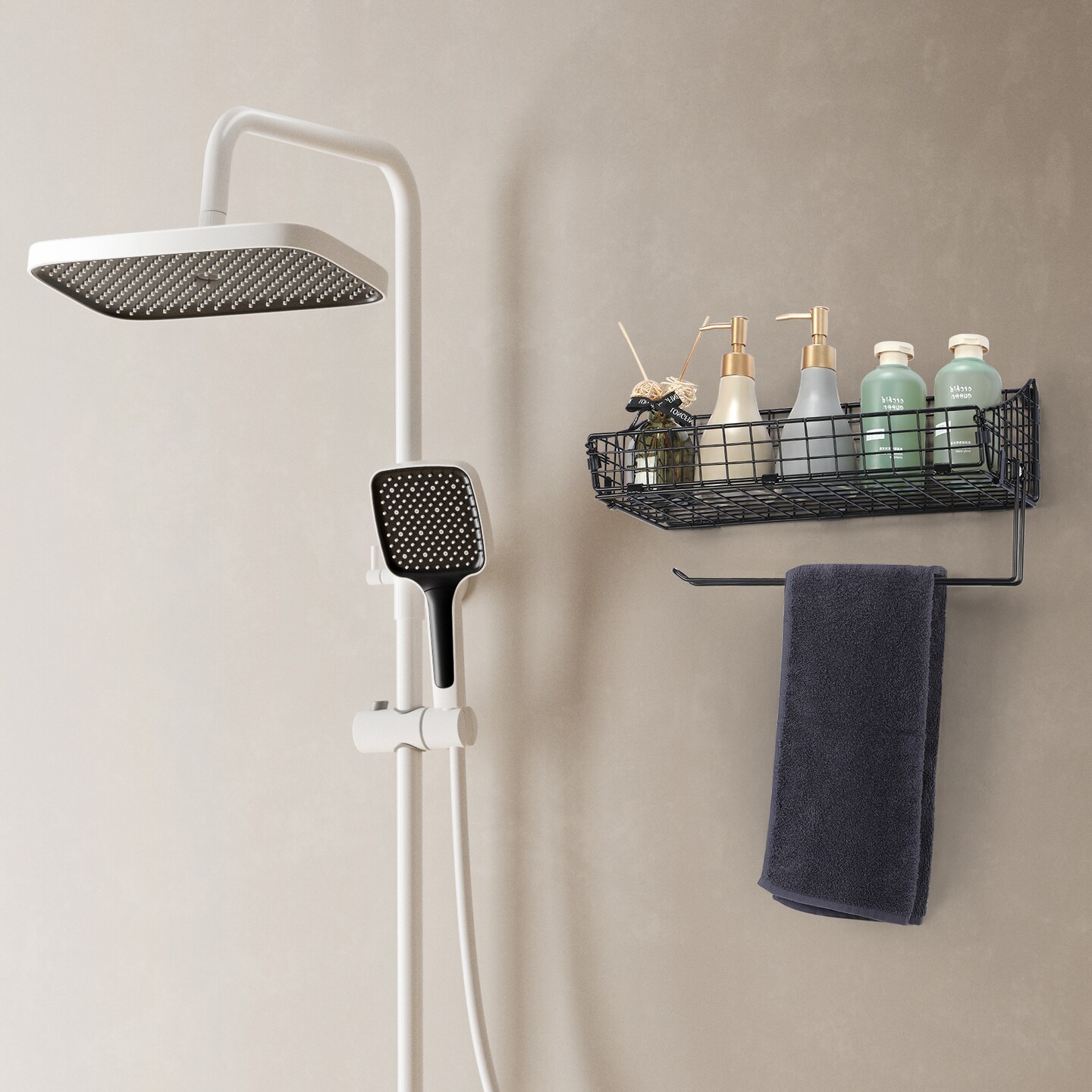 Multi-Functional Wall-Mounted Metal Basket Organizer with Foldable Paper Towel Holder – Space-Saving Storage Shelf for Kitchen, Bathroom, Bedroom & Hallway Black