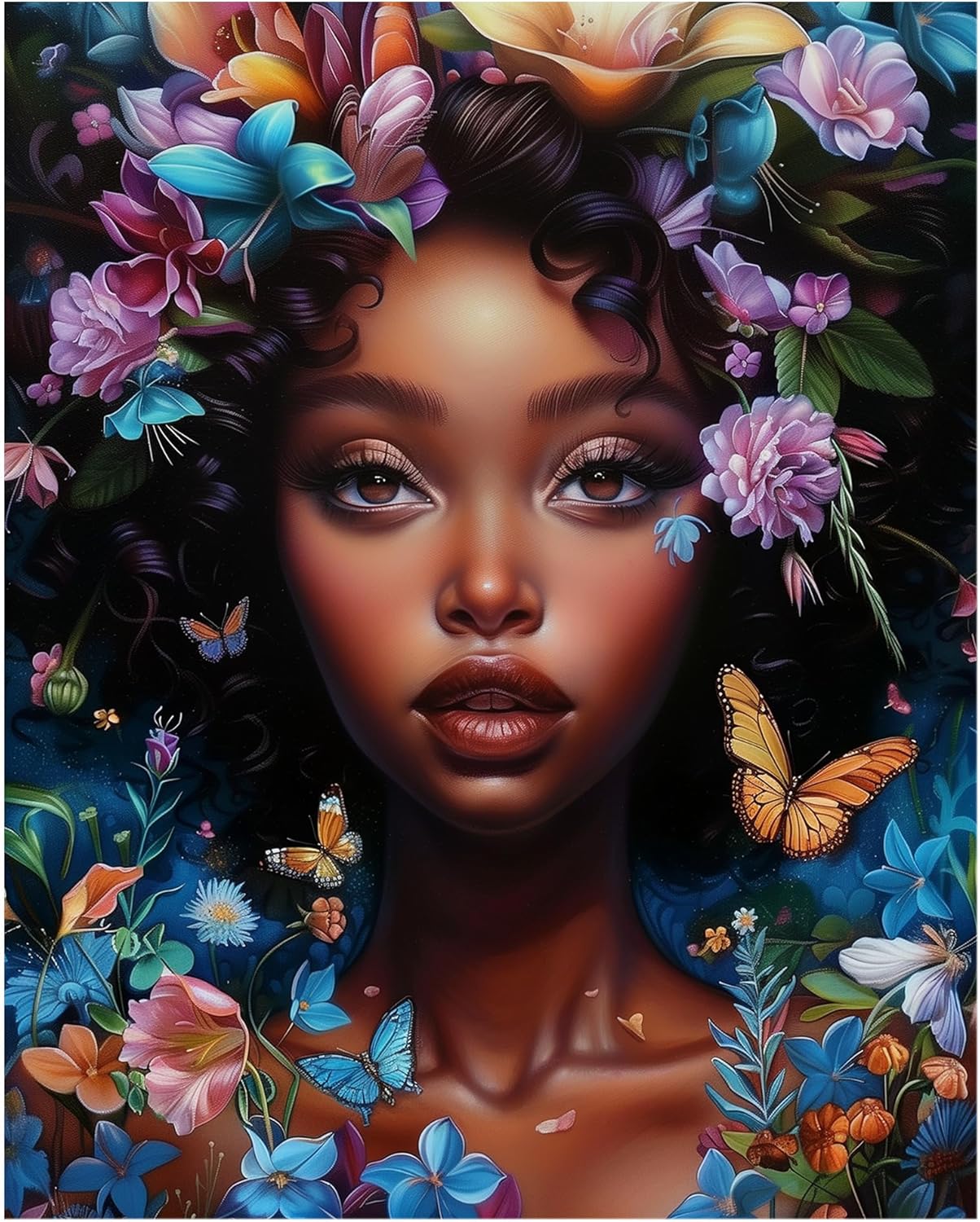 African American Woman Paint by Numbers for Adults, Girl with Butterfly Foral Paint by Number Kits, Female Portrait Acrylic Painting for Gift Home Decor(16&#xD7;20inches, Unframe)