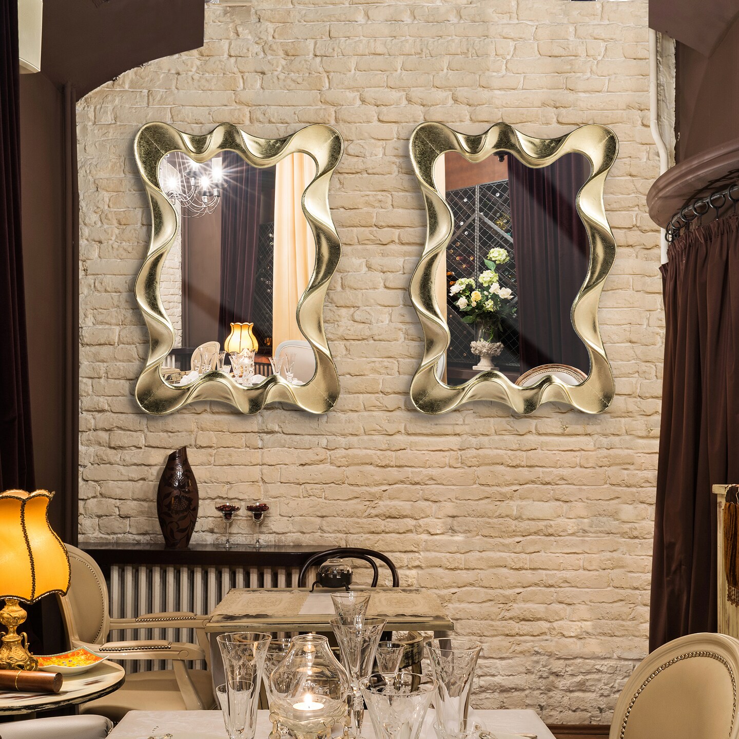 Set of 2 34.25&#x22;H Modern Gold Foil Metal Frame Wavy Wall Mirror