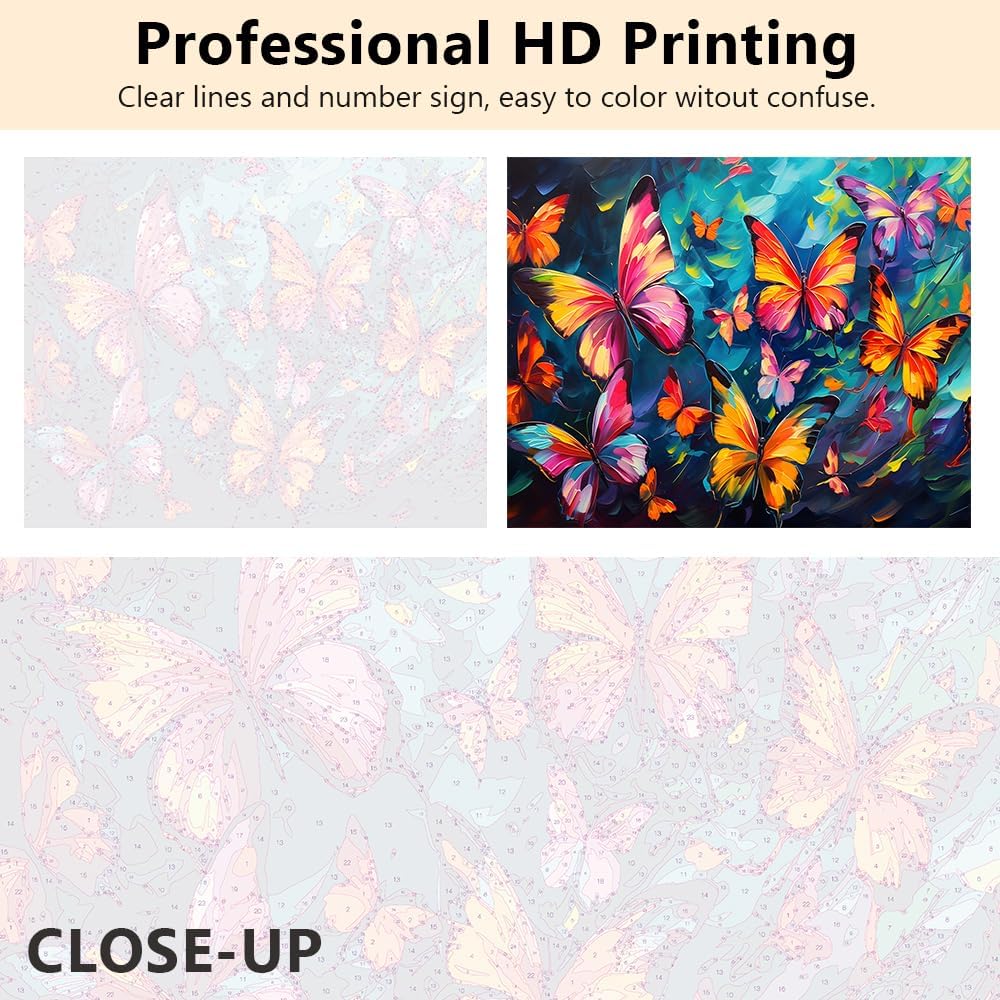Abstract Paint by Numbers Kit for Adults, Butterflies Theme, 16x20 Inch Frameless Canvas with Acrylic Pigment and Paintbrushes, All Ages, Unisex, Non-Foldable