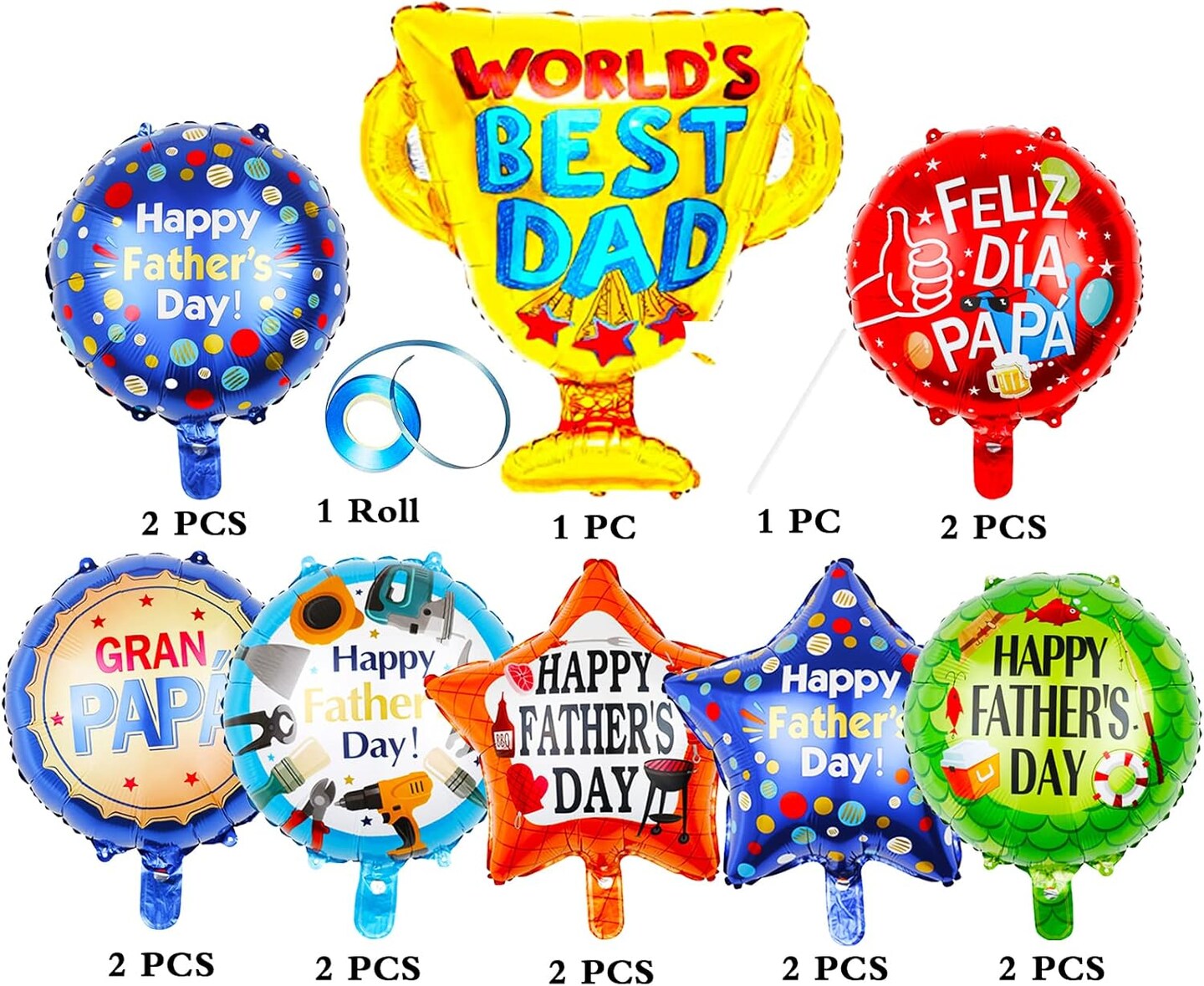 15Pcs Happy Fathers Day Balloons Party Decorations, 18 inch Feliz Dia PaPa Foil Balloons, Worlds Best Dad Balloons for Father&#x27;s Day Party Birthday Decorations Supplies