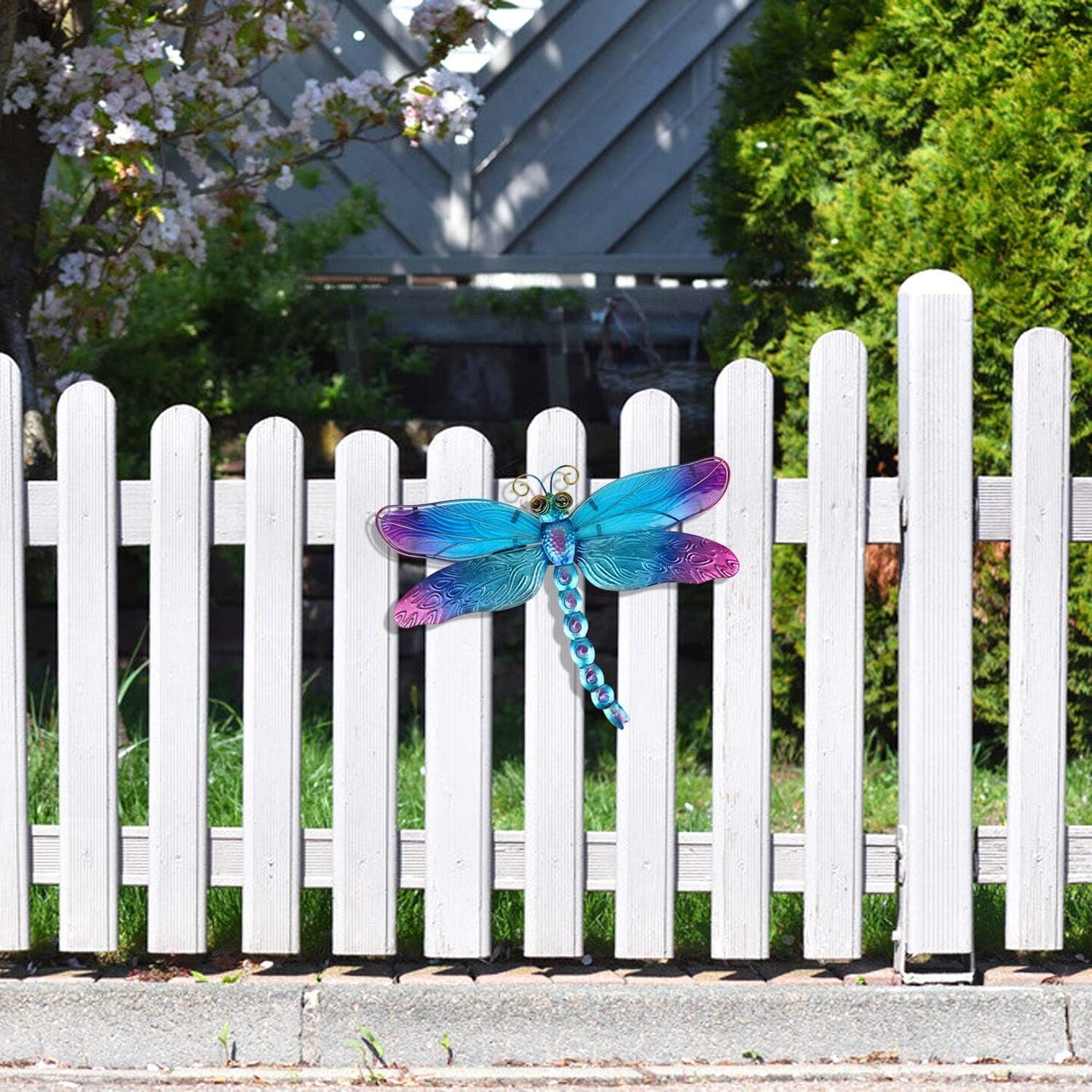Summer Metal Dragonfly Wall Decor Bathroom Glass Art Iron Sculpture Outdoor Orange Hanging Decoration for Home Bedroom Garden Patio Porch or Fence - Blue