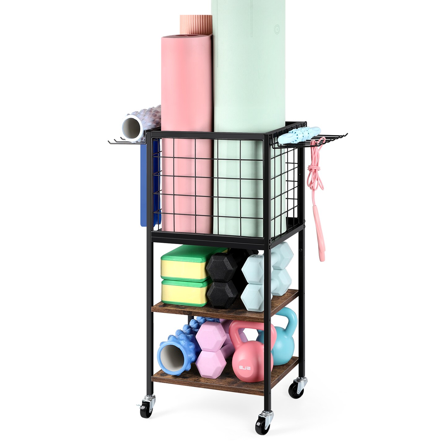 Multi-Functional Weight Rack for Home Gym &#x2013; Portable Storage Organizer with Wheels, Hooks &#x26; Yoga Mat Holder for Dumbbells, Resistance Bands, Blocks