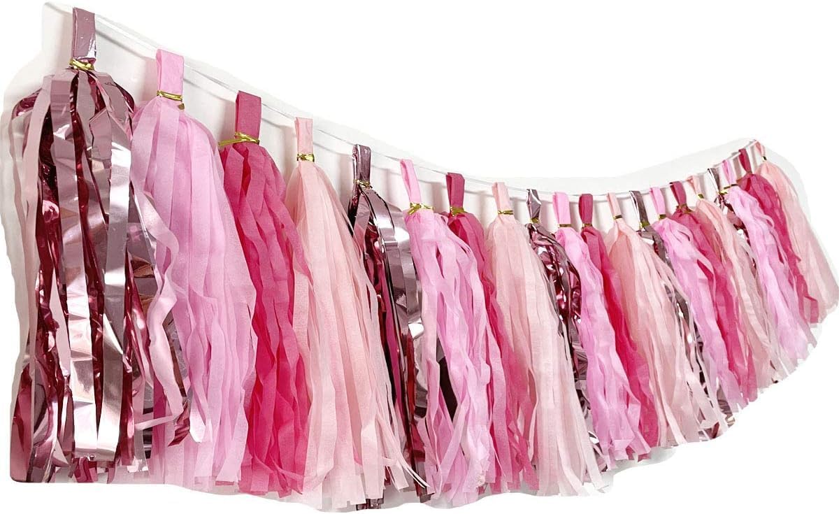 Tissue Paper Tassels Paper Tassel Garland Banner Table Decor Party Tassels Banner Wedding Birthday Baby Shower Nursey Party Decorations Supplies (20, Rose Gold+Pink+Rose Red+Lt-Pink)