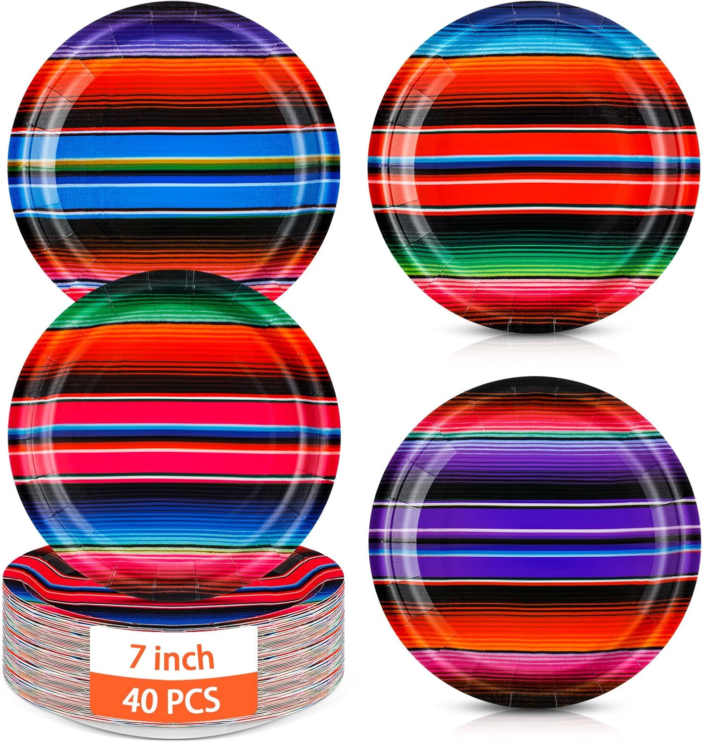 40 Pcs Mexican Paper Plates 7" Disposable Serape Fiesta Party Decoration Mexico Stripes Dessert Plate Colorful Mexico Platter Supply for Cinco De Mayo Piñata Taco Dinner Tableware