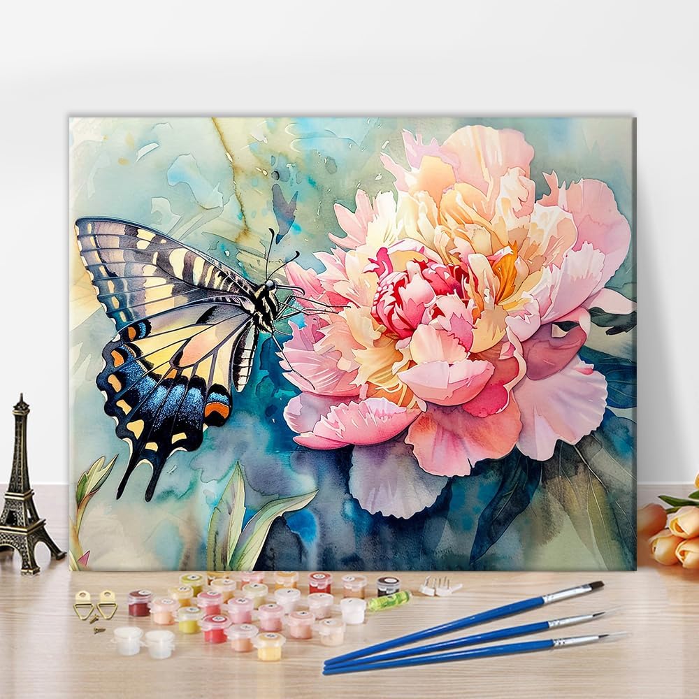 Paint by Numbers Butterfly Adult Paint by Numbers Butterfly and Peony Flowers Paint by Numbers Kit for Adults Canvas Oil Hand Painting Craft for Home Decor Kits 16x20 Inch Without Frame